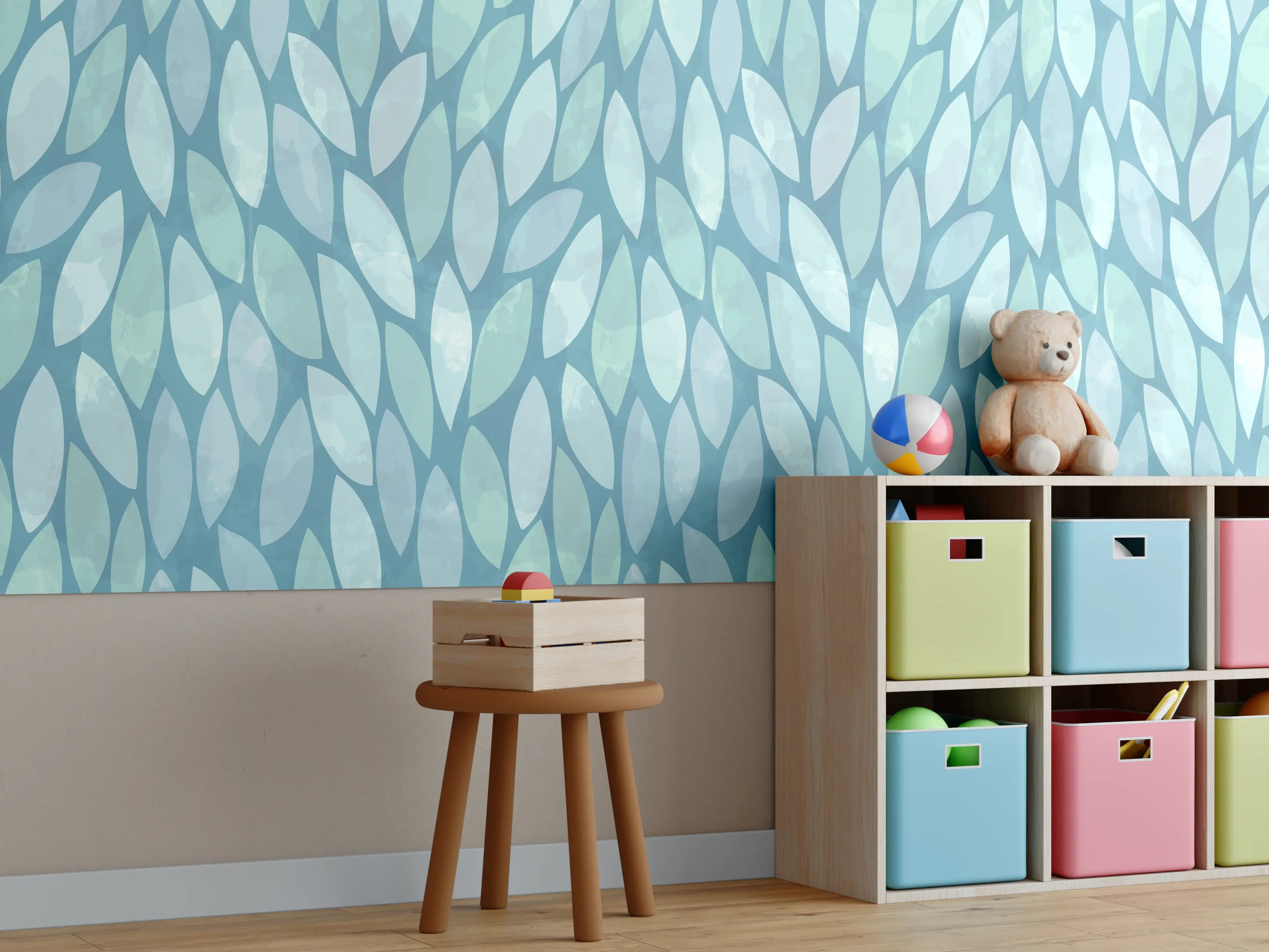 Kinderzimmer Wandgestaltung - Weiße und blaue Mosaik-Textur mit stilisierten Blättern