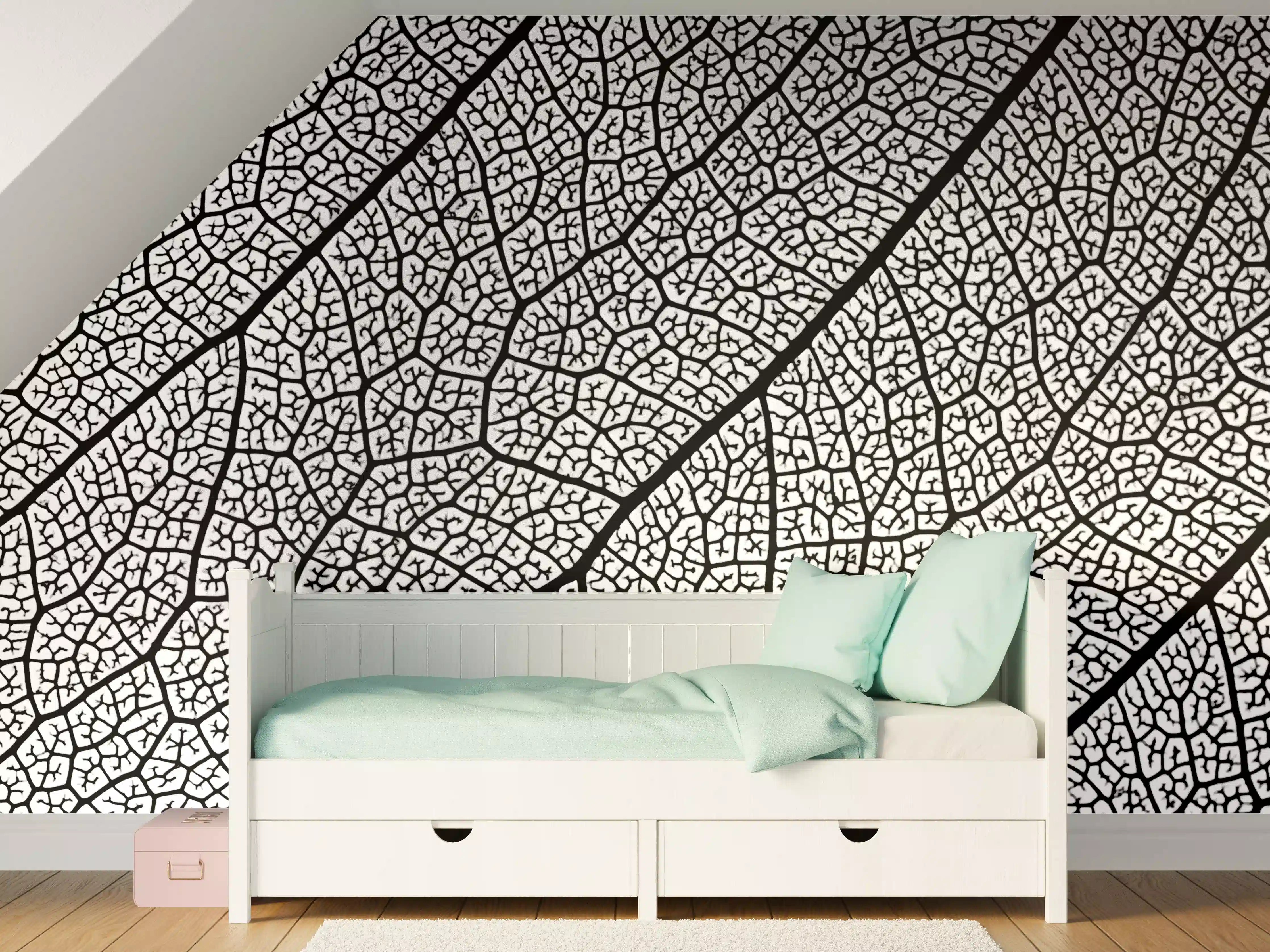 Kinderzimmer Wandgestaltung - Weiße und schwarze Blattstruktur mit feinen Linien