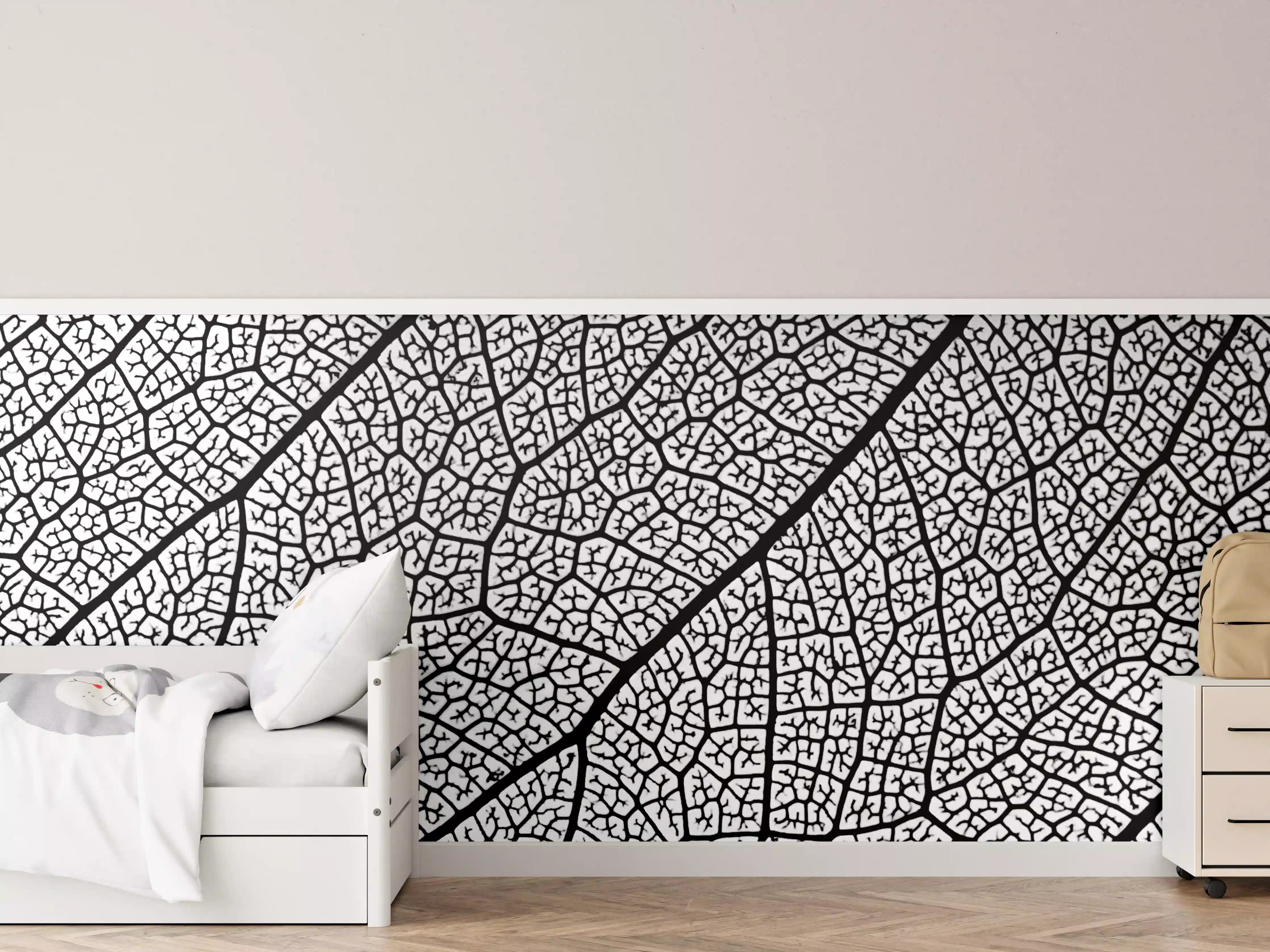 Kinderzimmer Wandgestaltung - Weiße und schwarze Blattstruktur mit feinen Linien