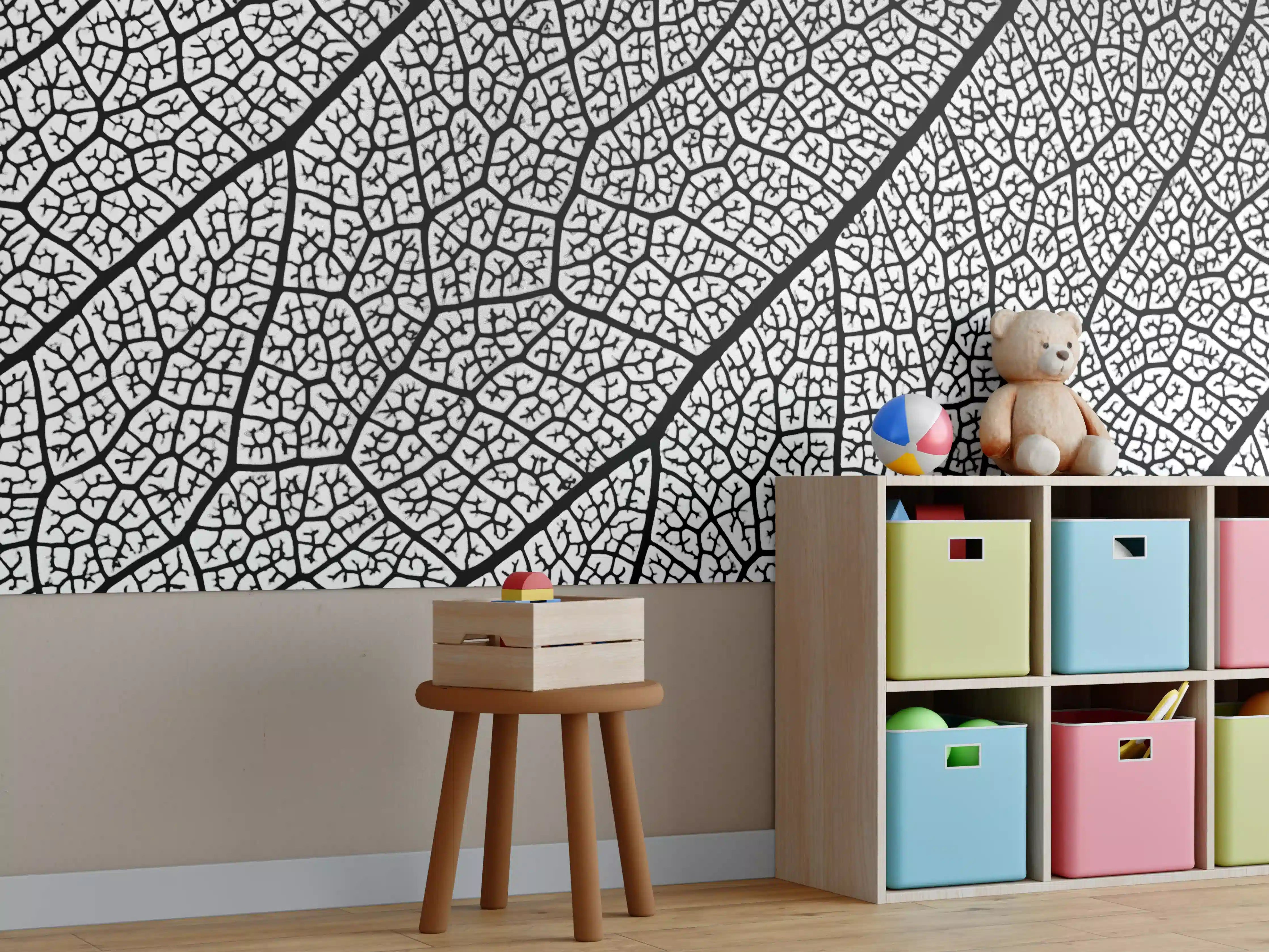 Kinderzimmer Wandgestaltung - Weiße und schwarze Blattstruktur mit feinen Linien