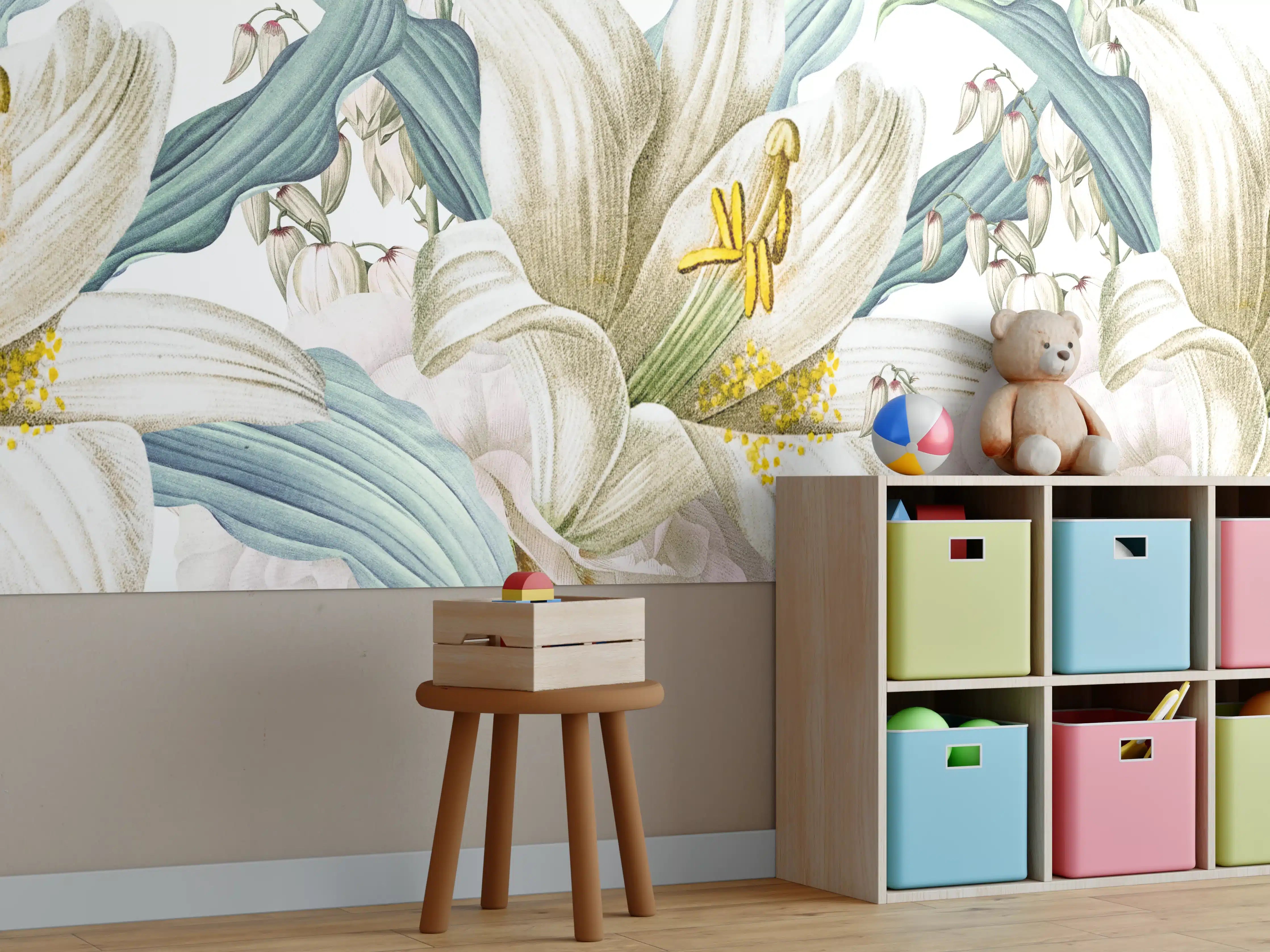 Kinderzimmer Wandgestaltung - Weißen und cremefarbenen Rosen