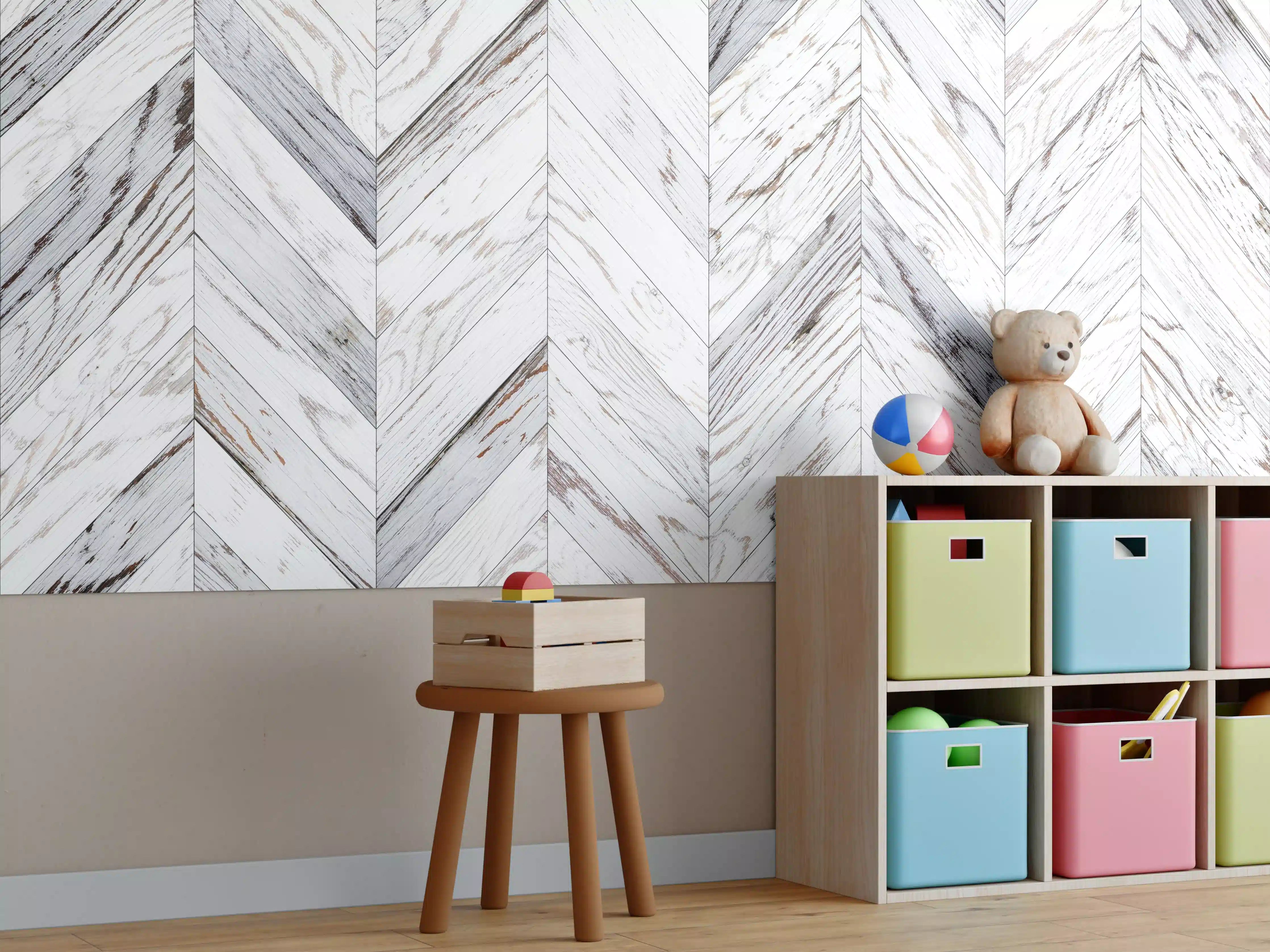 Kinderzimmer Wandgestaltung - Weißer Chevron - Holzoptik