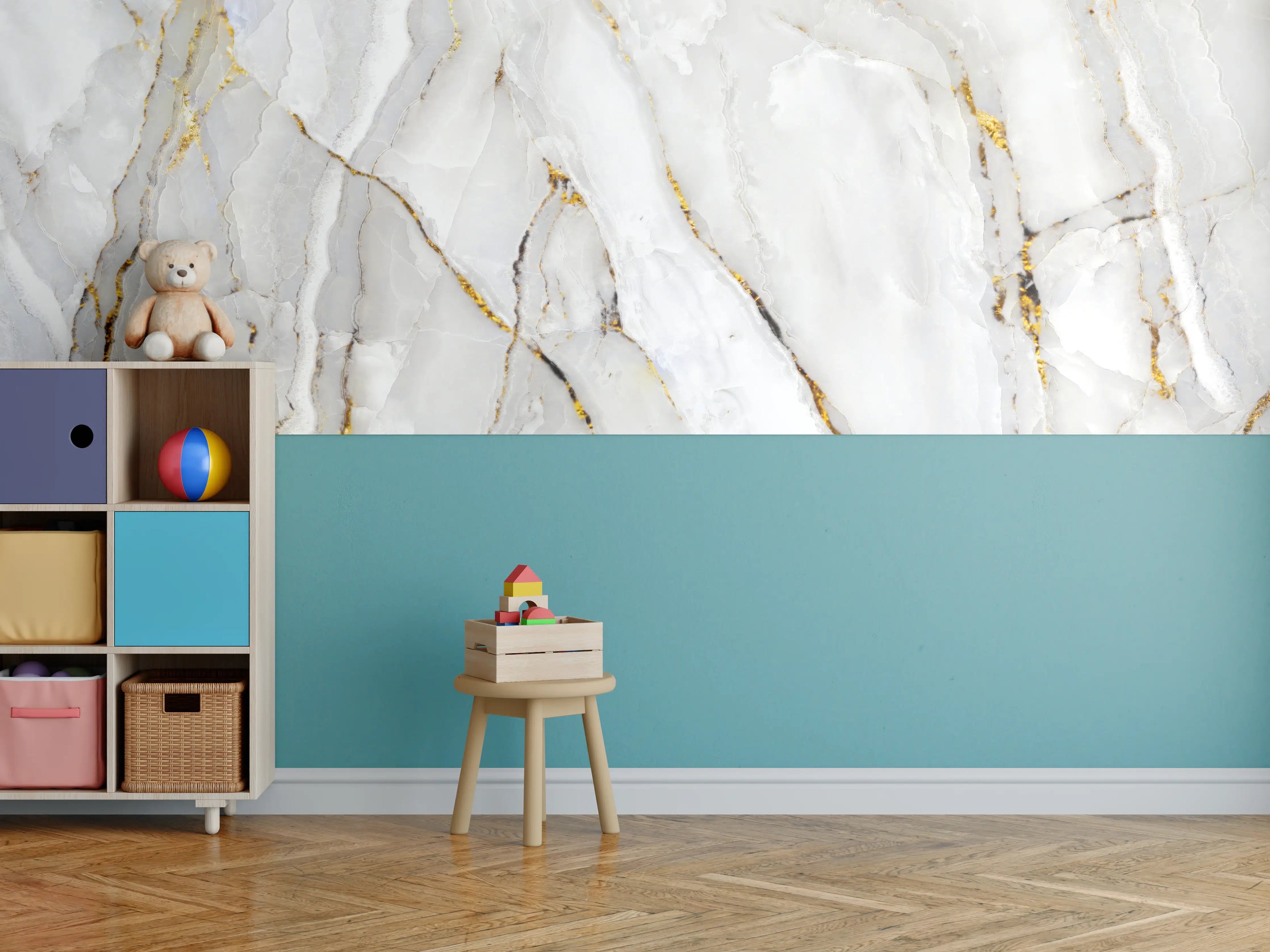 Kinderzimmer Wandgestaltung - Weißer Statuario-Marmor mit goldene Adern