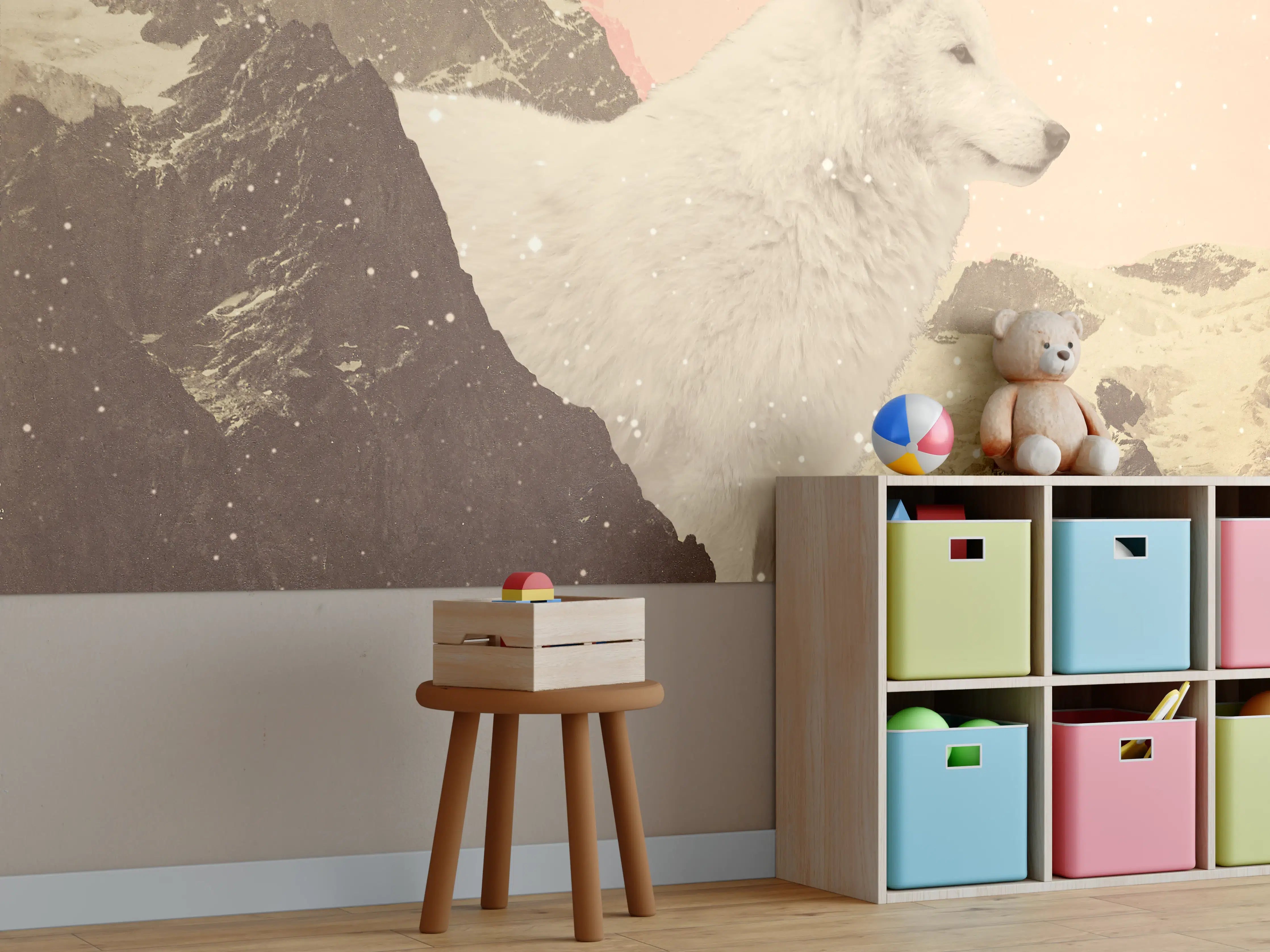 Kinderzimmer Wandgestaltung - Weißer Wolf Berglandschaft Nacht