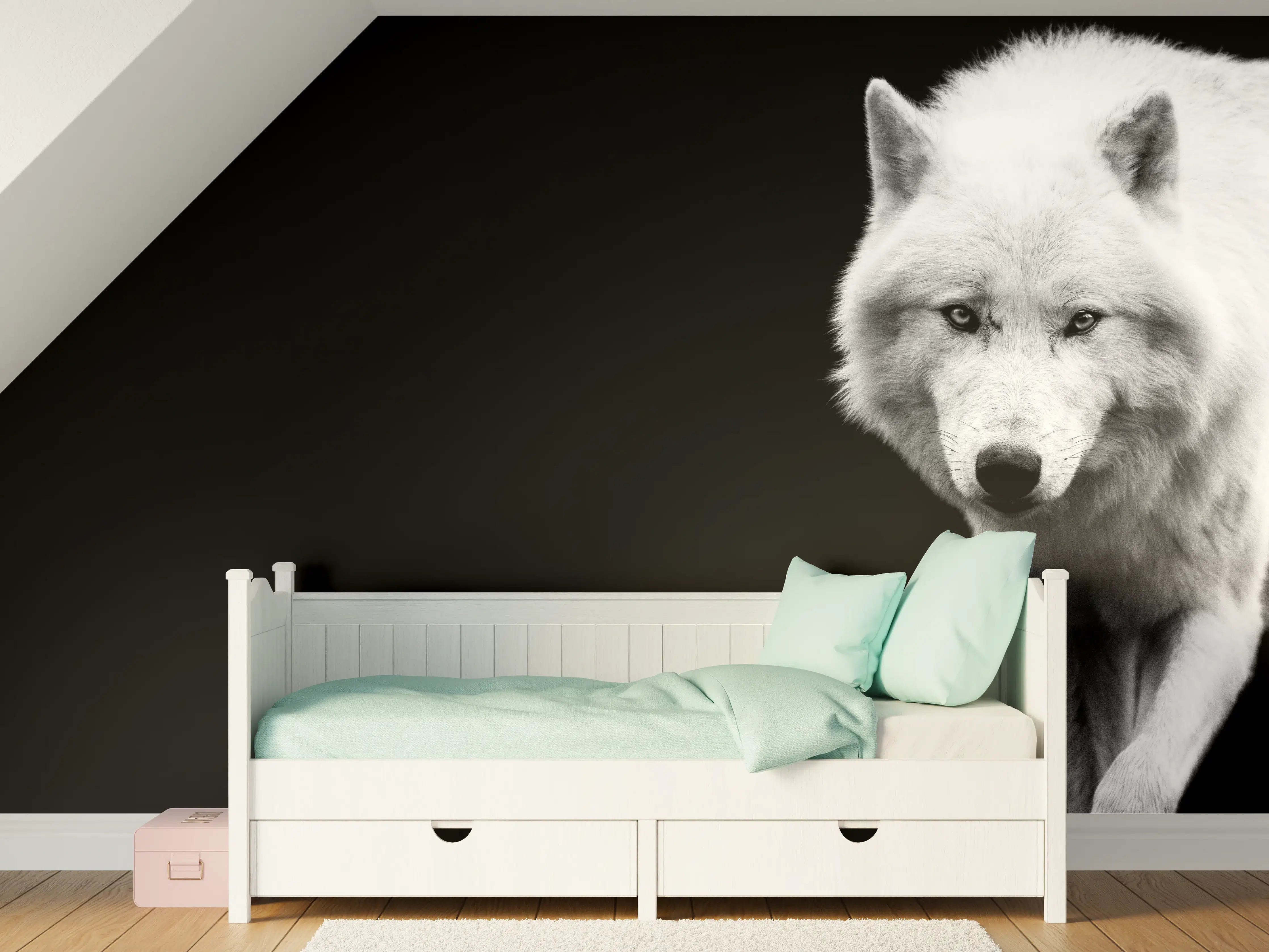 Kinderzimmer Wandgestaltung - Weißer Wolf mit schwarzem Hintergrund