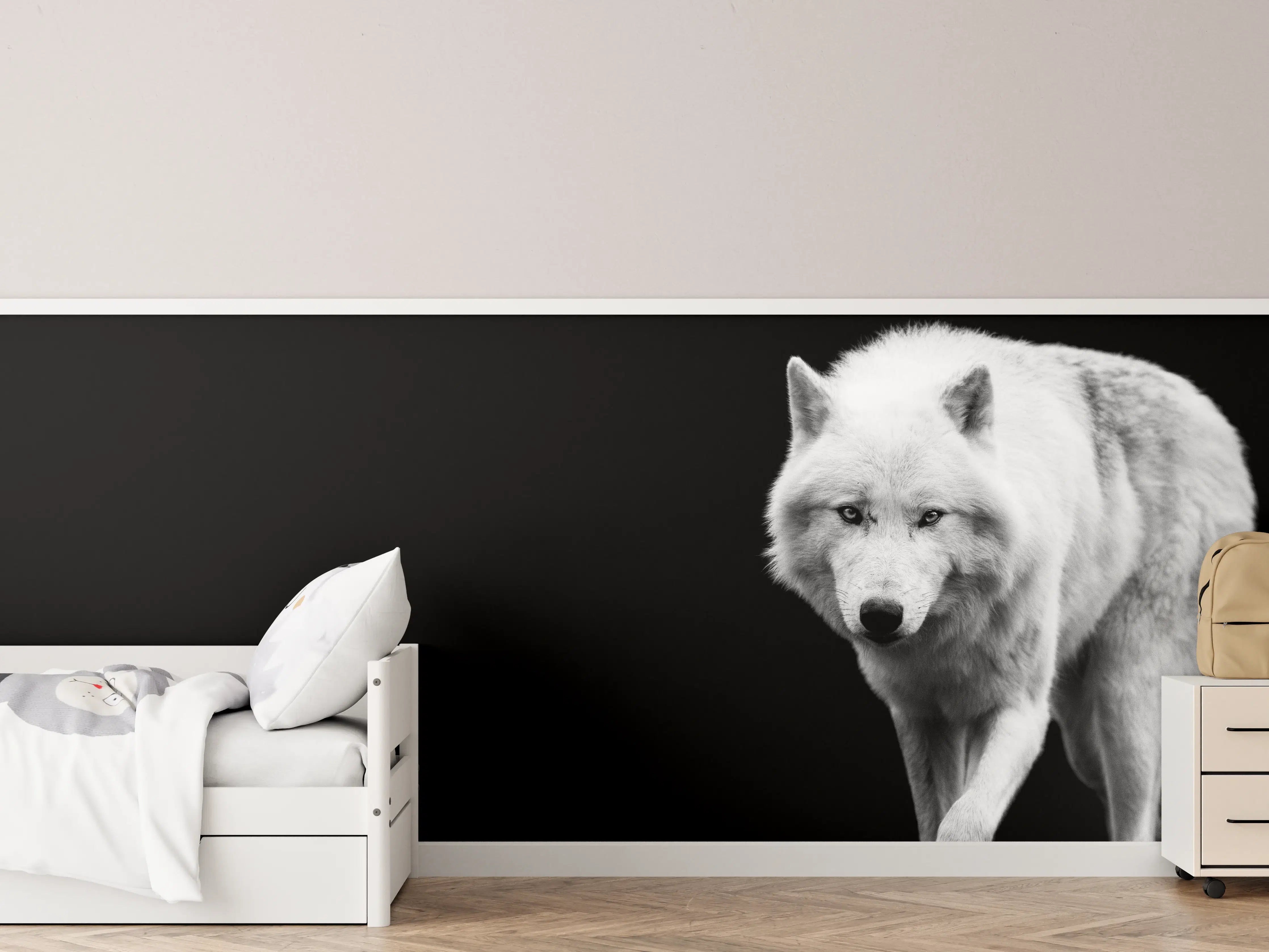Kinderzimmer Wandgestaltung - Weißer Wolf mit schwarzem Hintergrund