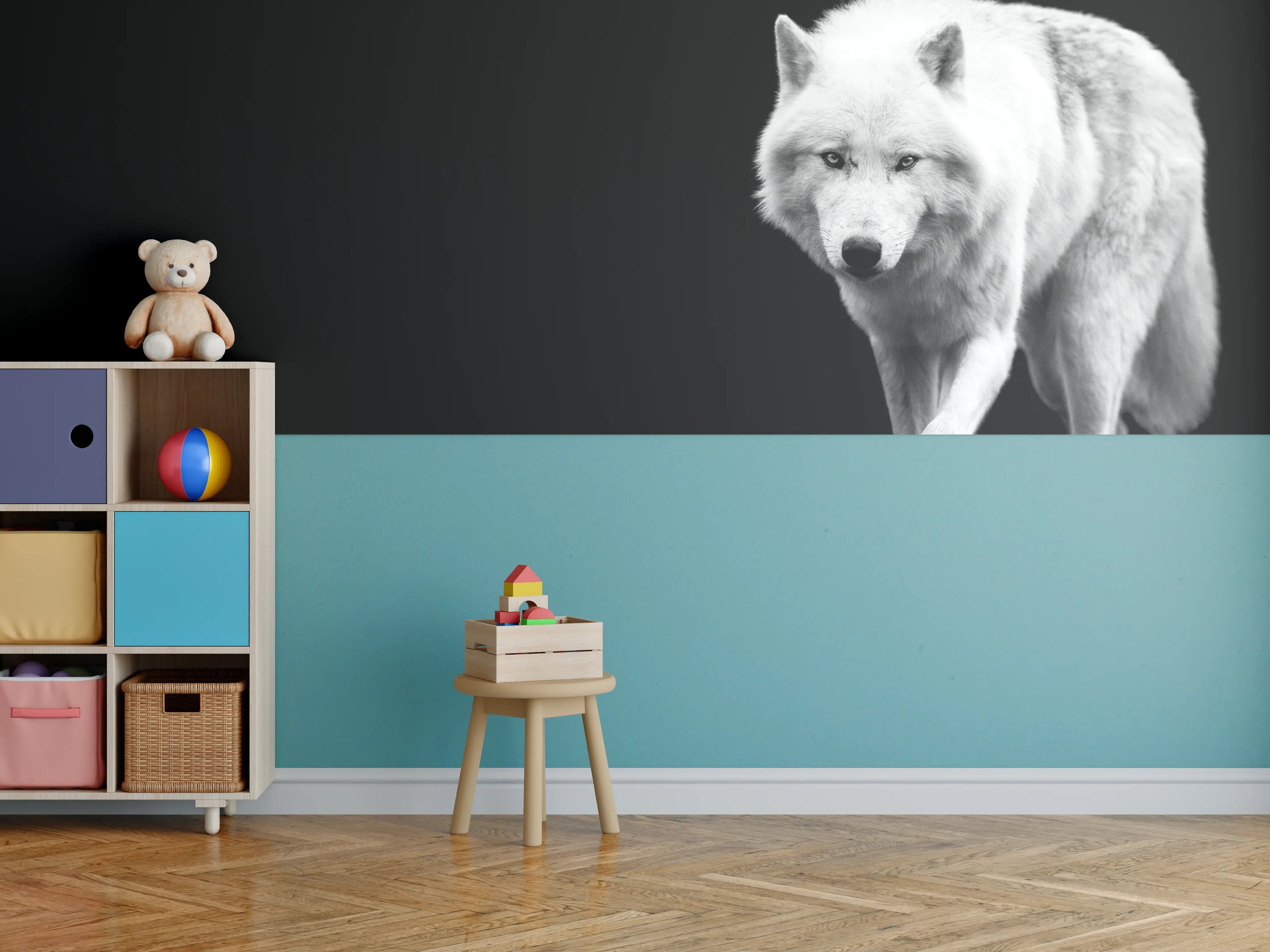 Kinderzimmer Wandgestaltung - Weißer Wolf mit schwarzem Hintergrund