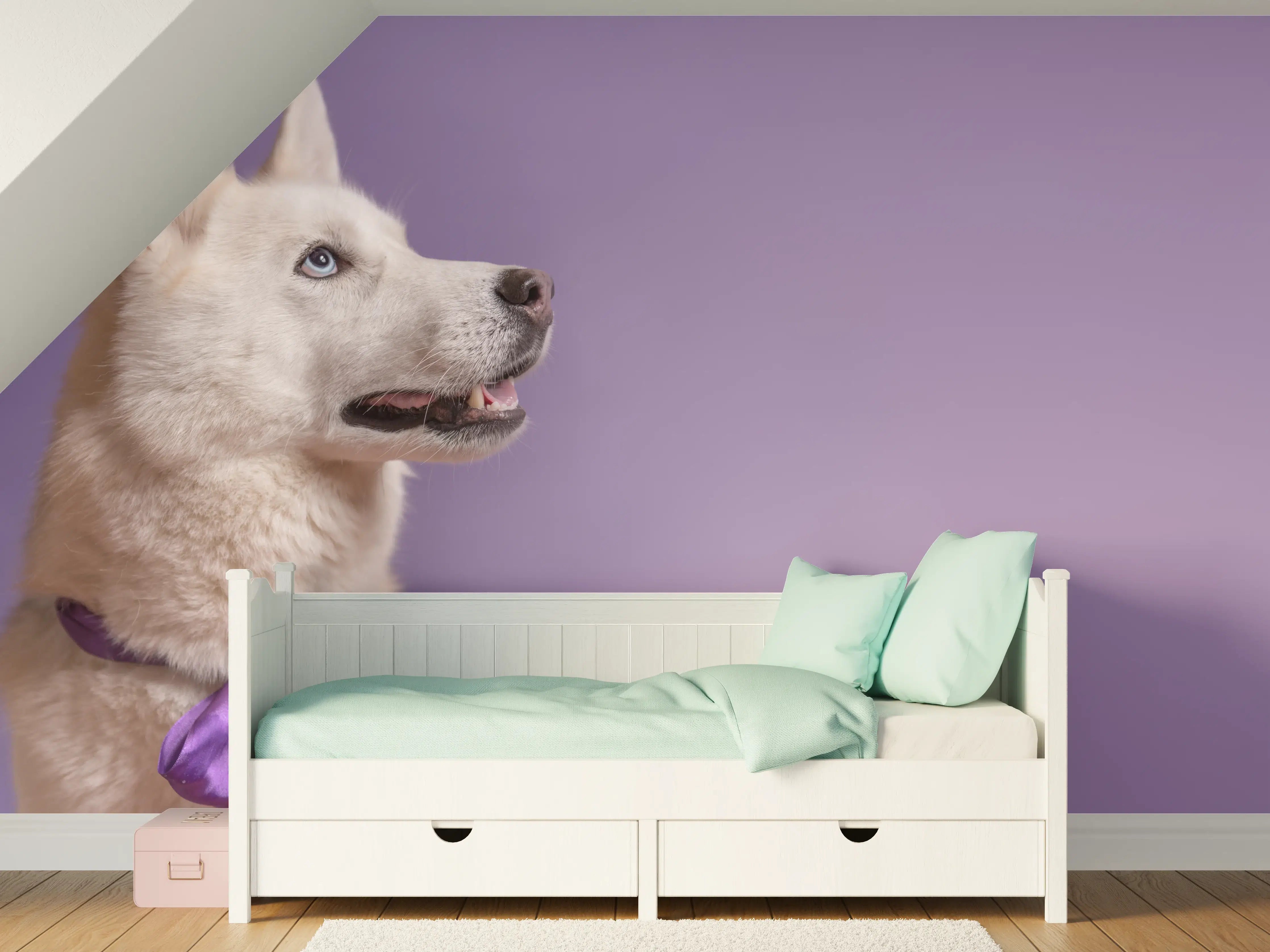 Kinderzimmer Wandgestaltung - Weißer sibirischer Husky Hund mit violetter Fliege