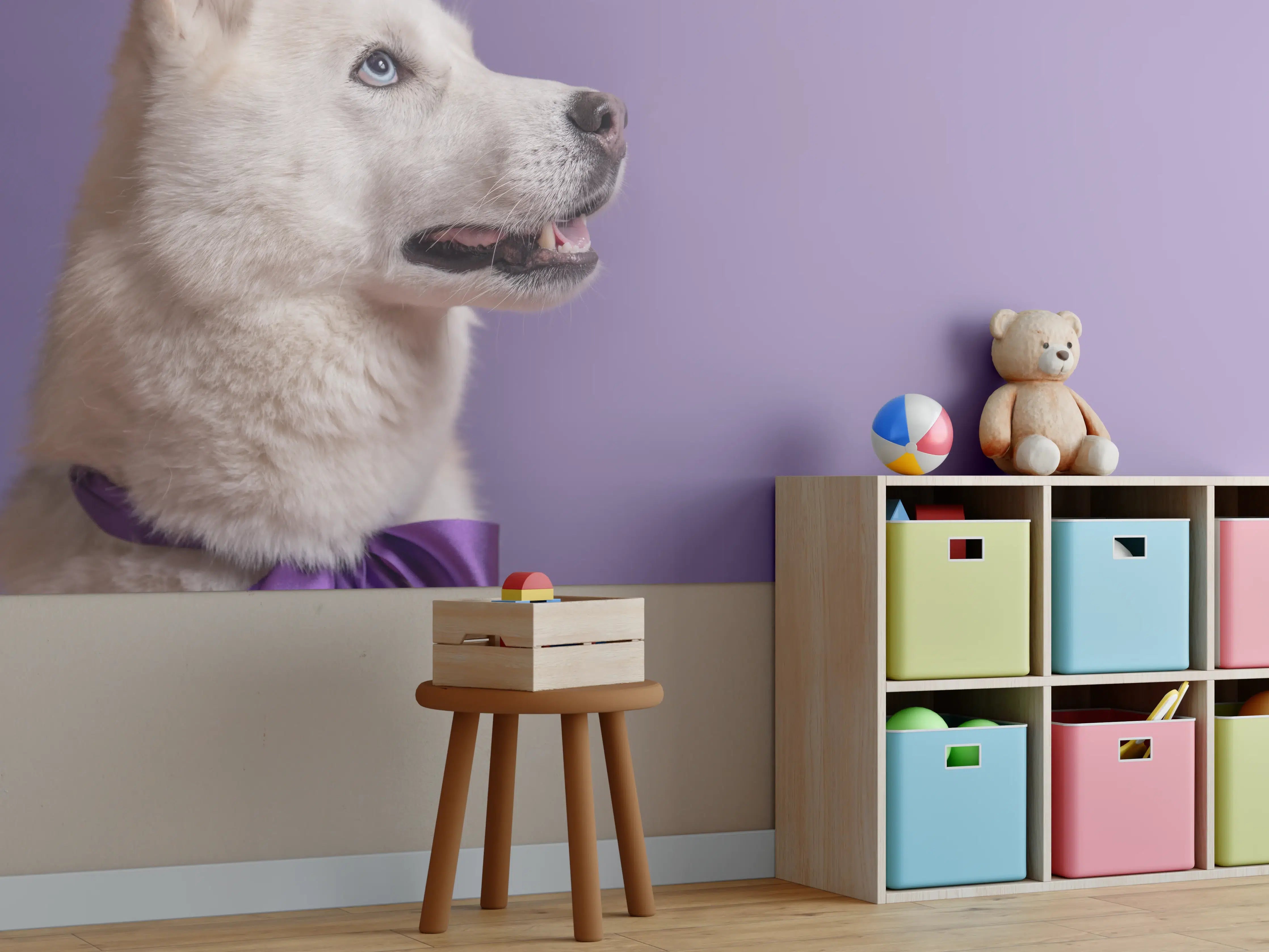 Kinderzimmer Wandgestaltung - Weißer sibirischer Husky Hund mit violetter Fliege