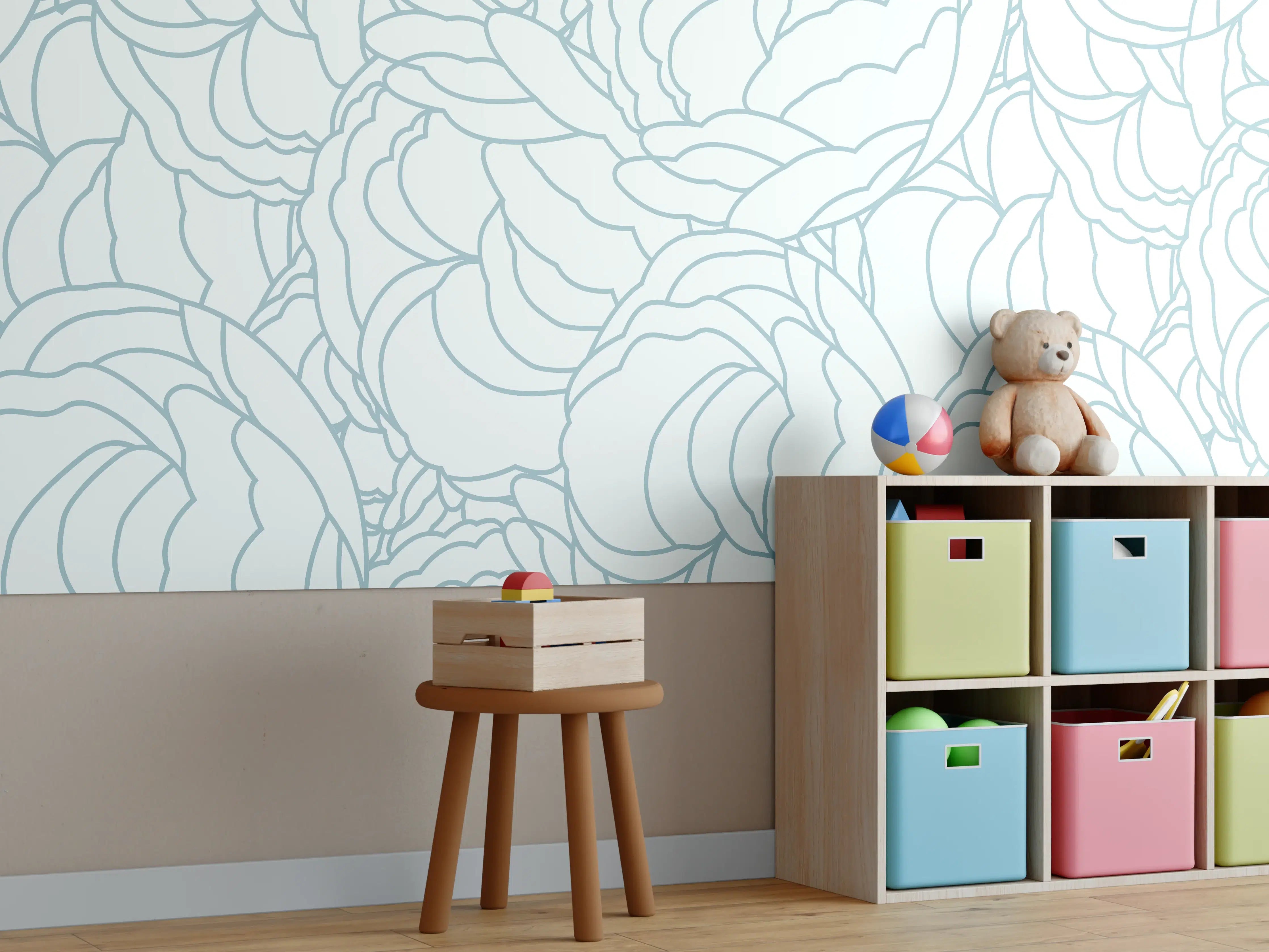 Kinderzimmer Wandgestaltung - Weißes Blumenmuster mit zarten Grauschattierungen