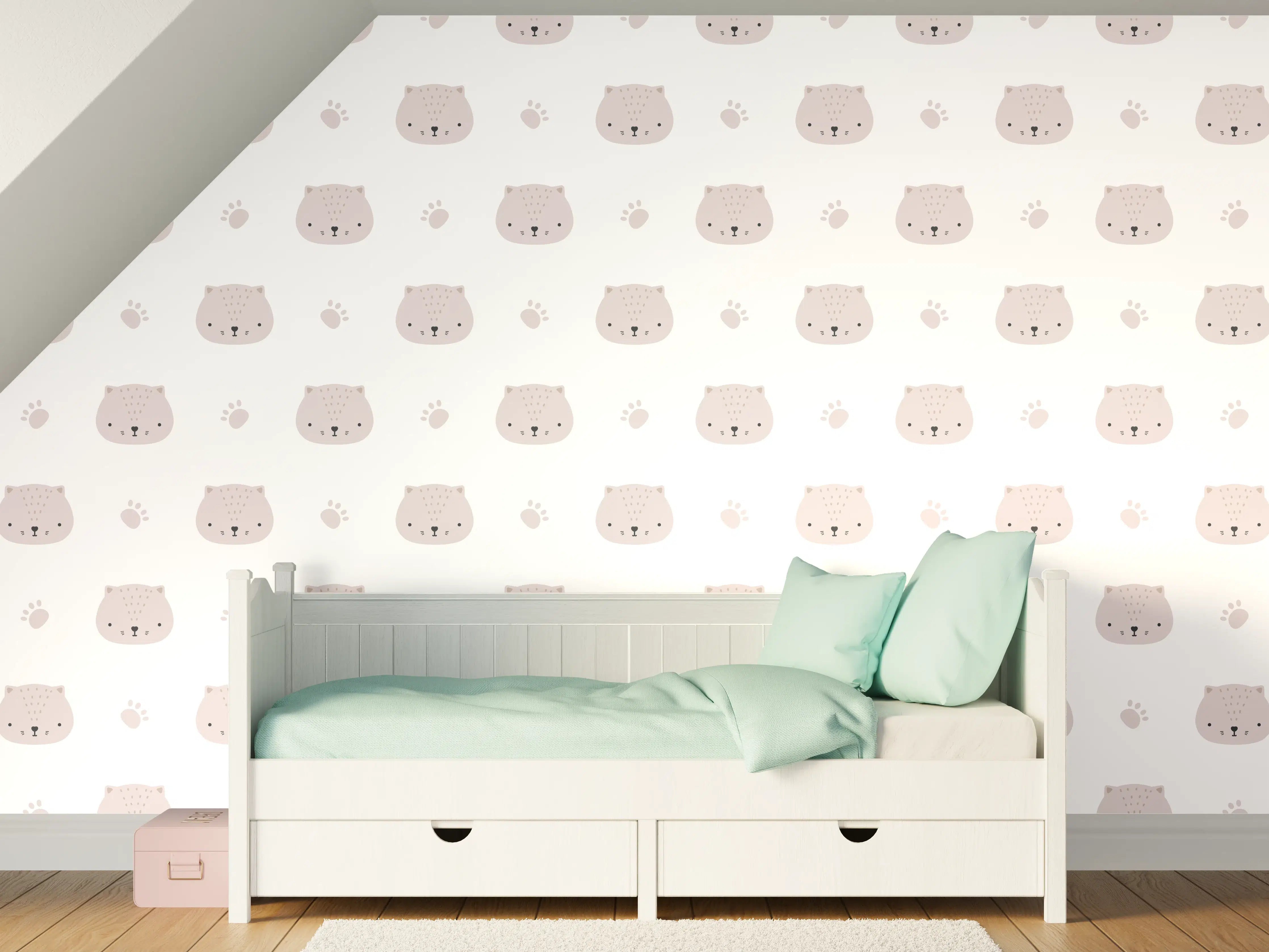 Kinderzimmer Wandgestaltung - Weißes Hintergrundmuster mit kleinen Katzenmotiven