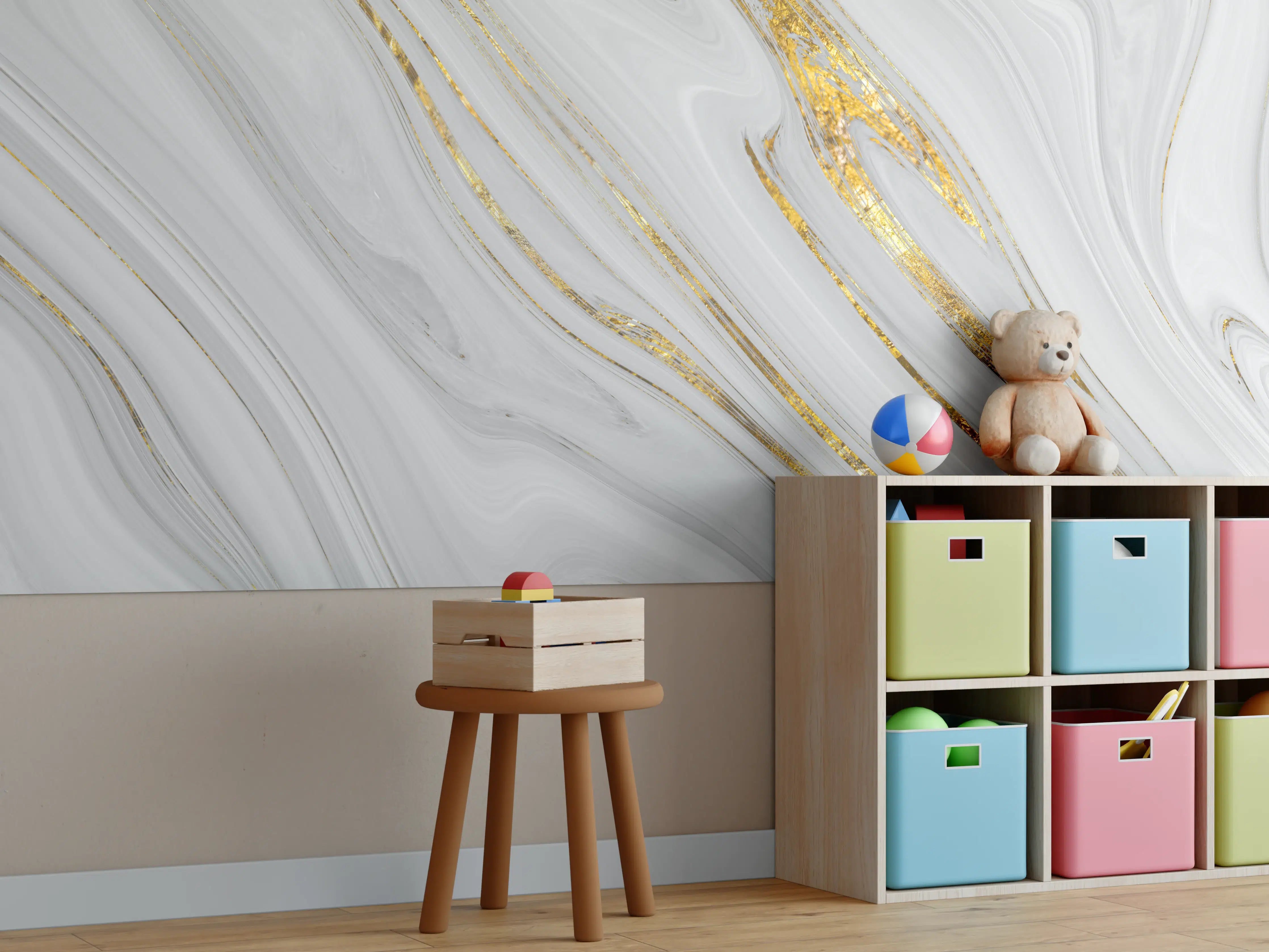 Kinderzimmer Wandgestaltung - Weißes Marmor Muster mit goldenen Adern