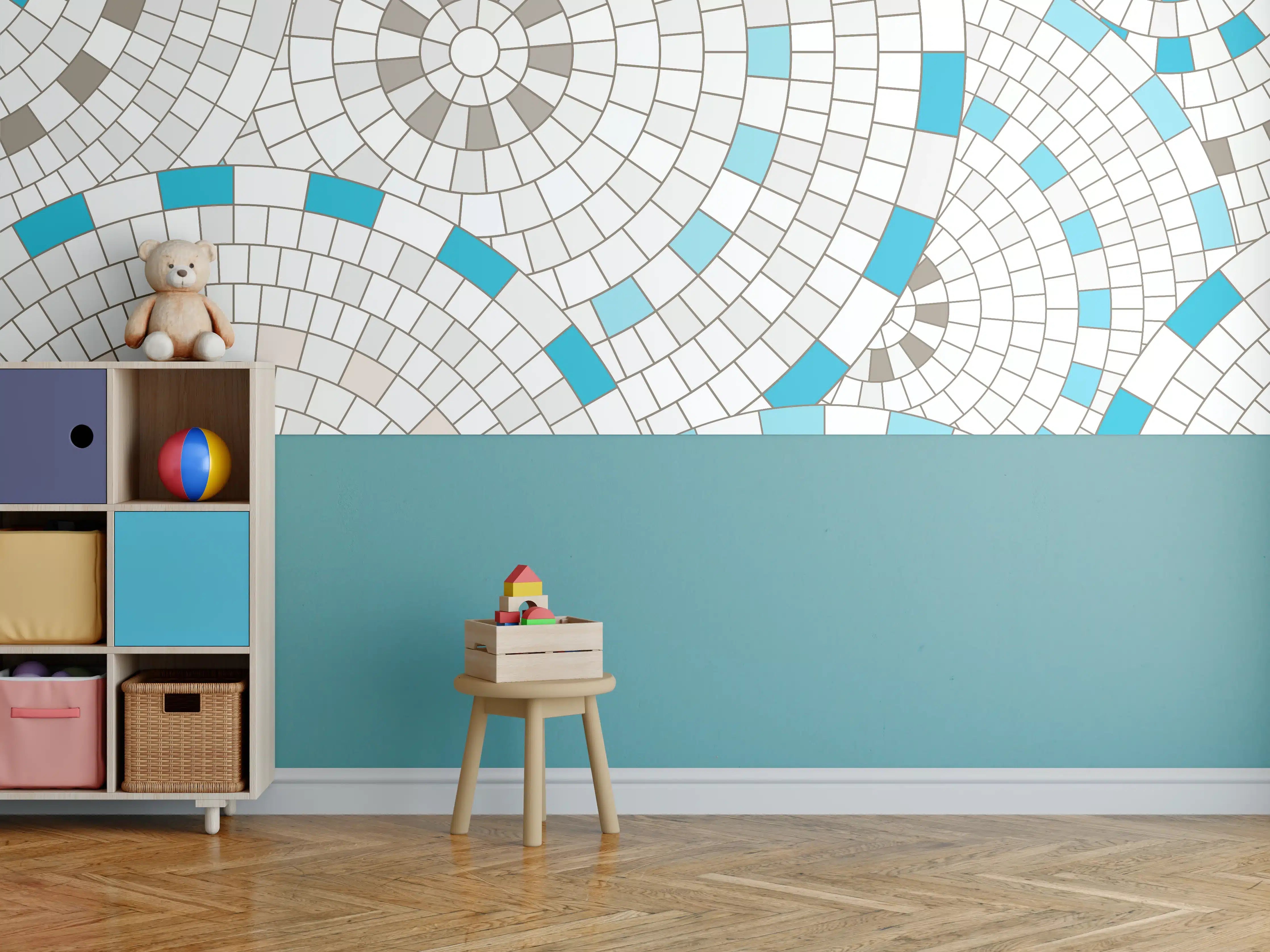 Kinderzimmer Wandgestaltung - Weißes Mosaik mit Akzenten
