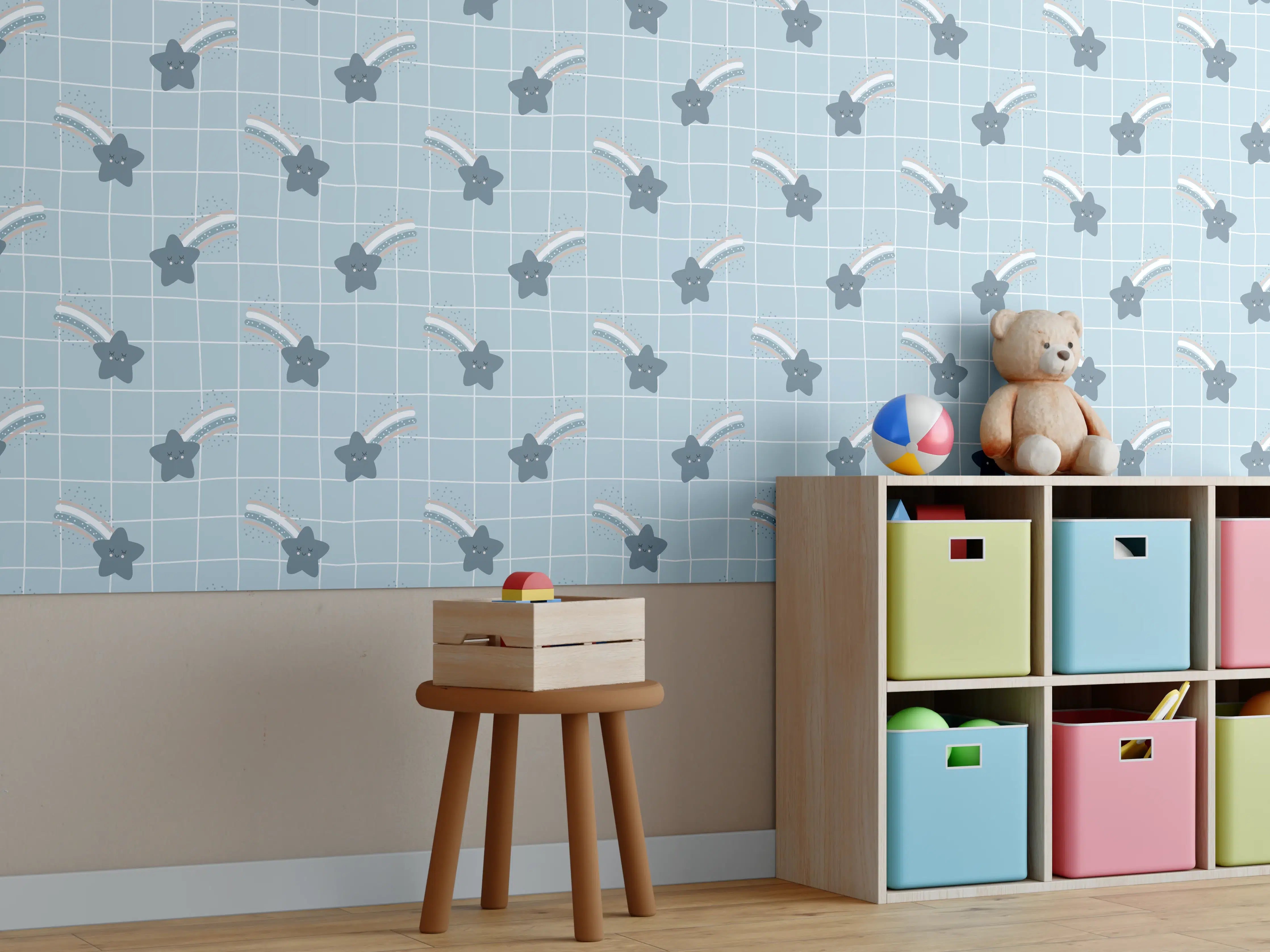 Kinderzimmer Wandgestaltung - Weißes Muster mit blauen Sternen