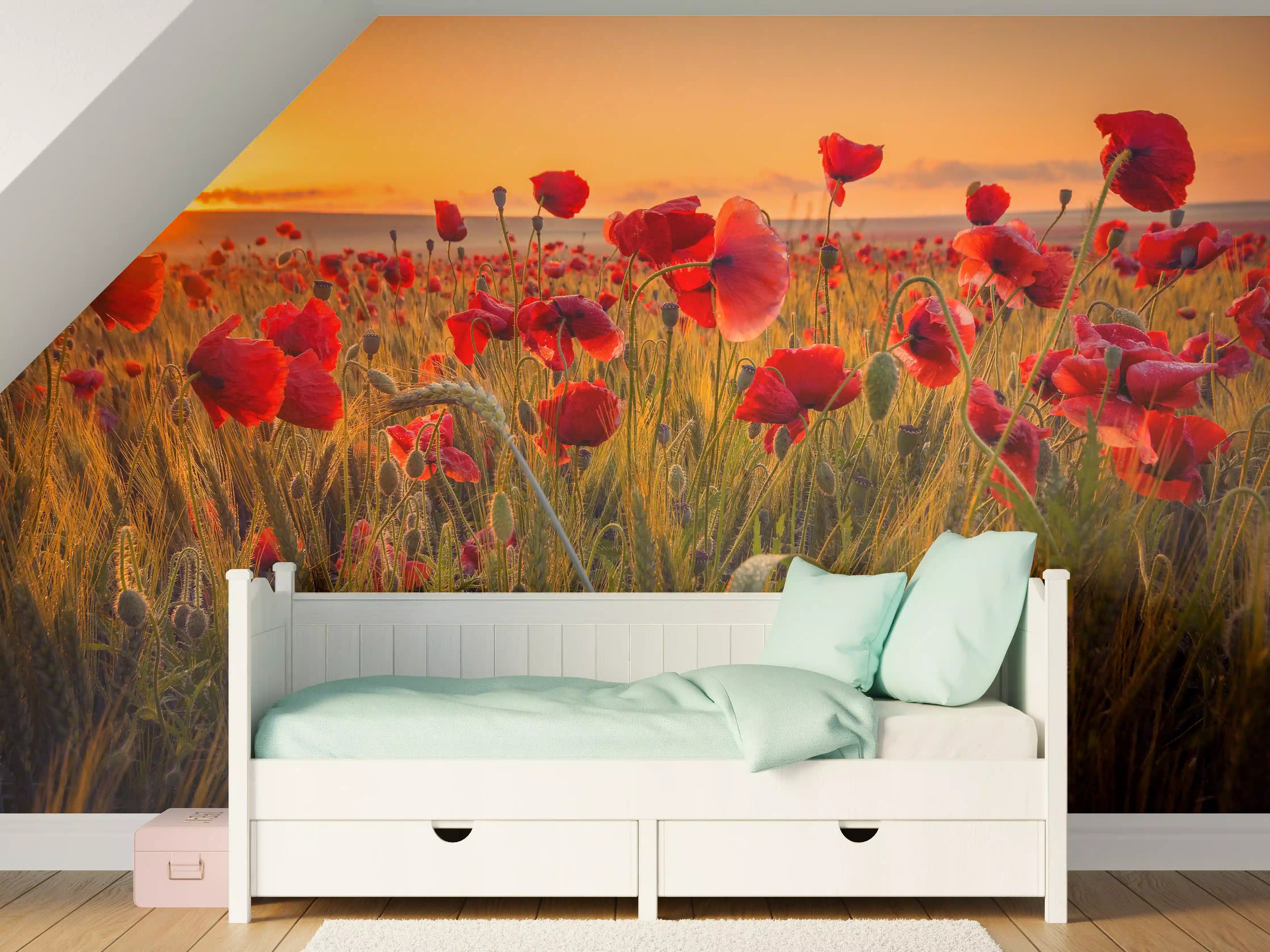 Kinderzimmer Wandgestaltung - Weizenfeld mit Mohnblumen bei Sonnenuntergang