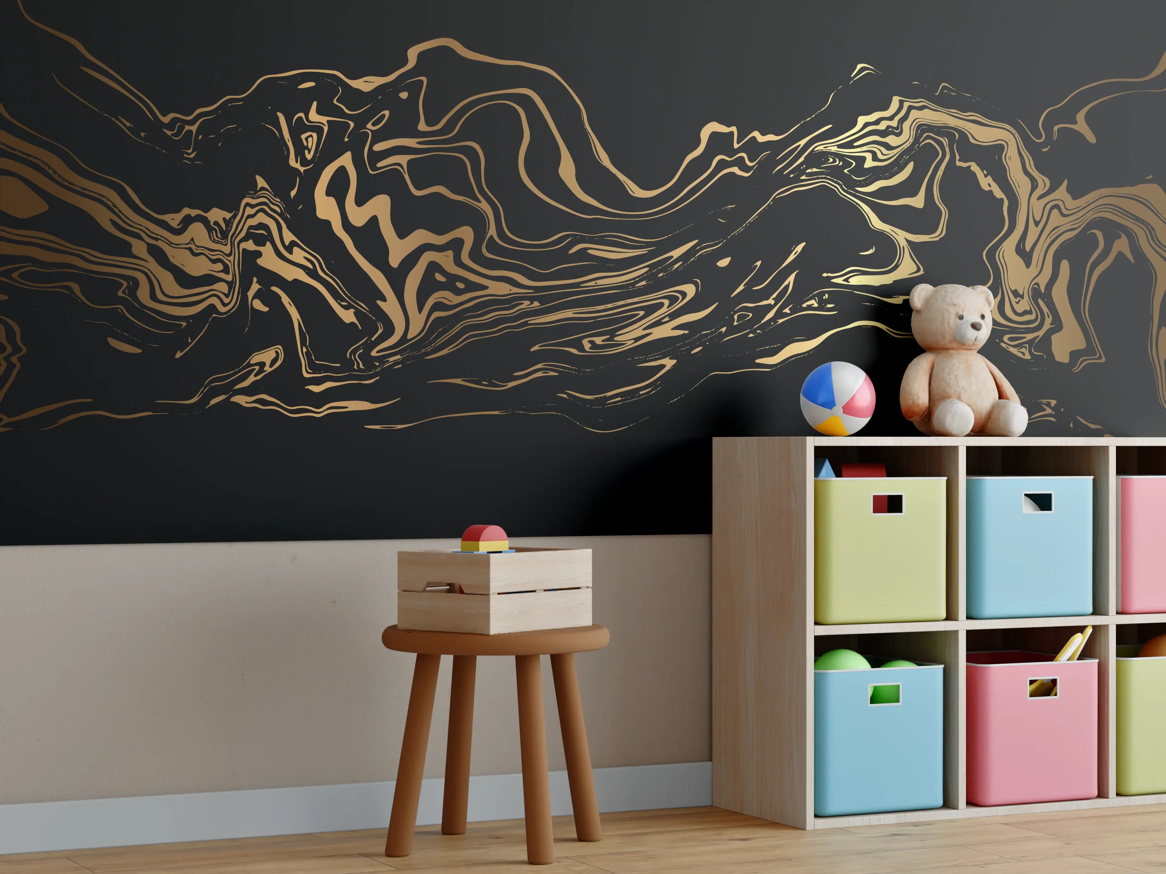 Kinderzimmer Wandgestaltung - Wellenartiges dunkles goldenes Muster