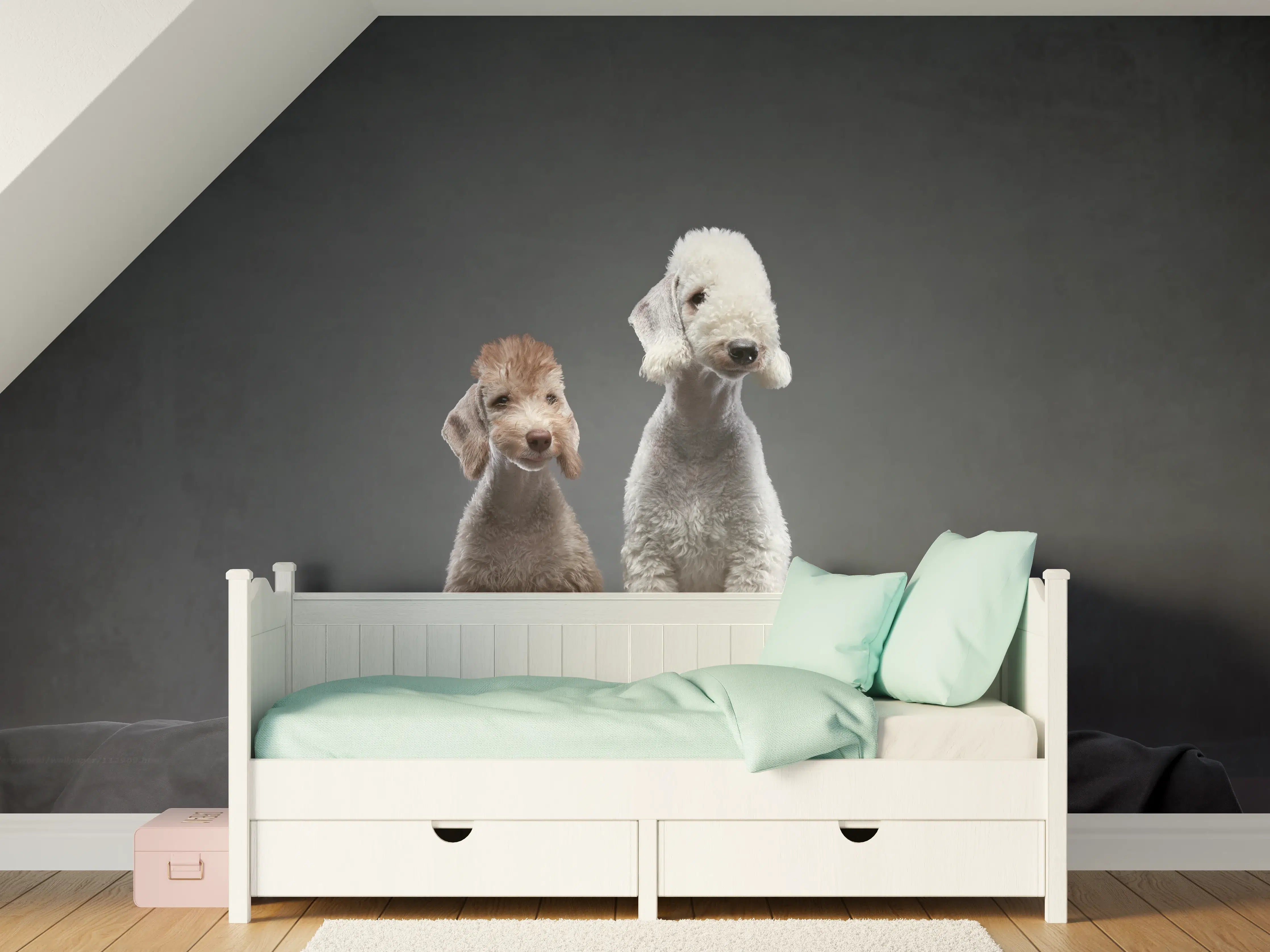 Kinderzimmer Wandgestaltung - Welpe und erwachsener Bedlington Terrier