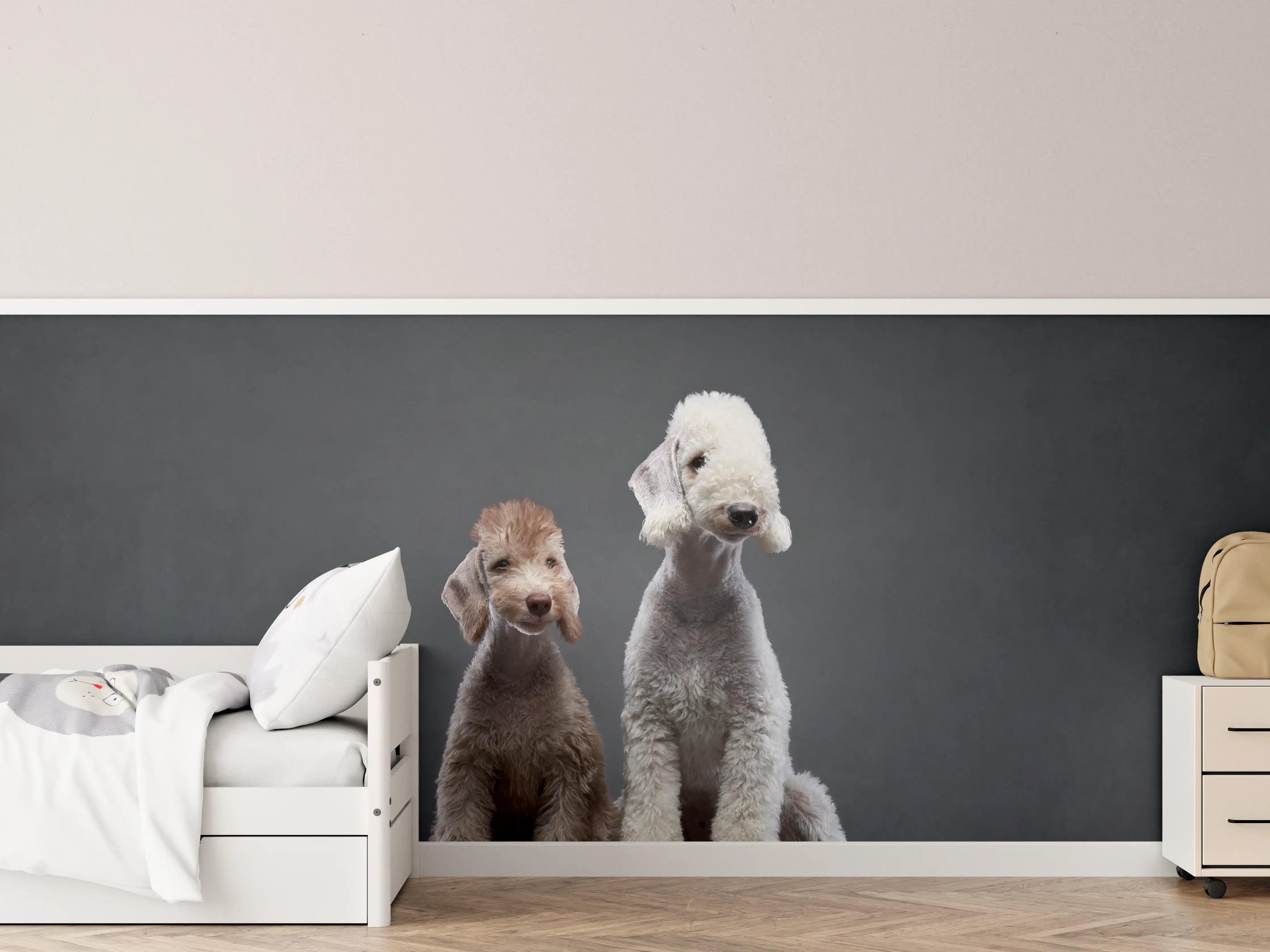 Kinderzimmer Wandgestaltung - Welpe und erwachsener Bedlington Terrier