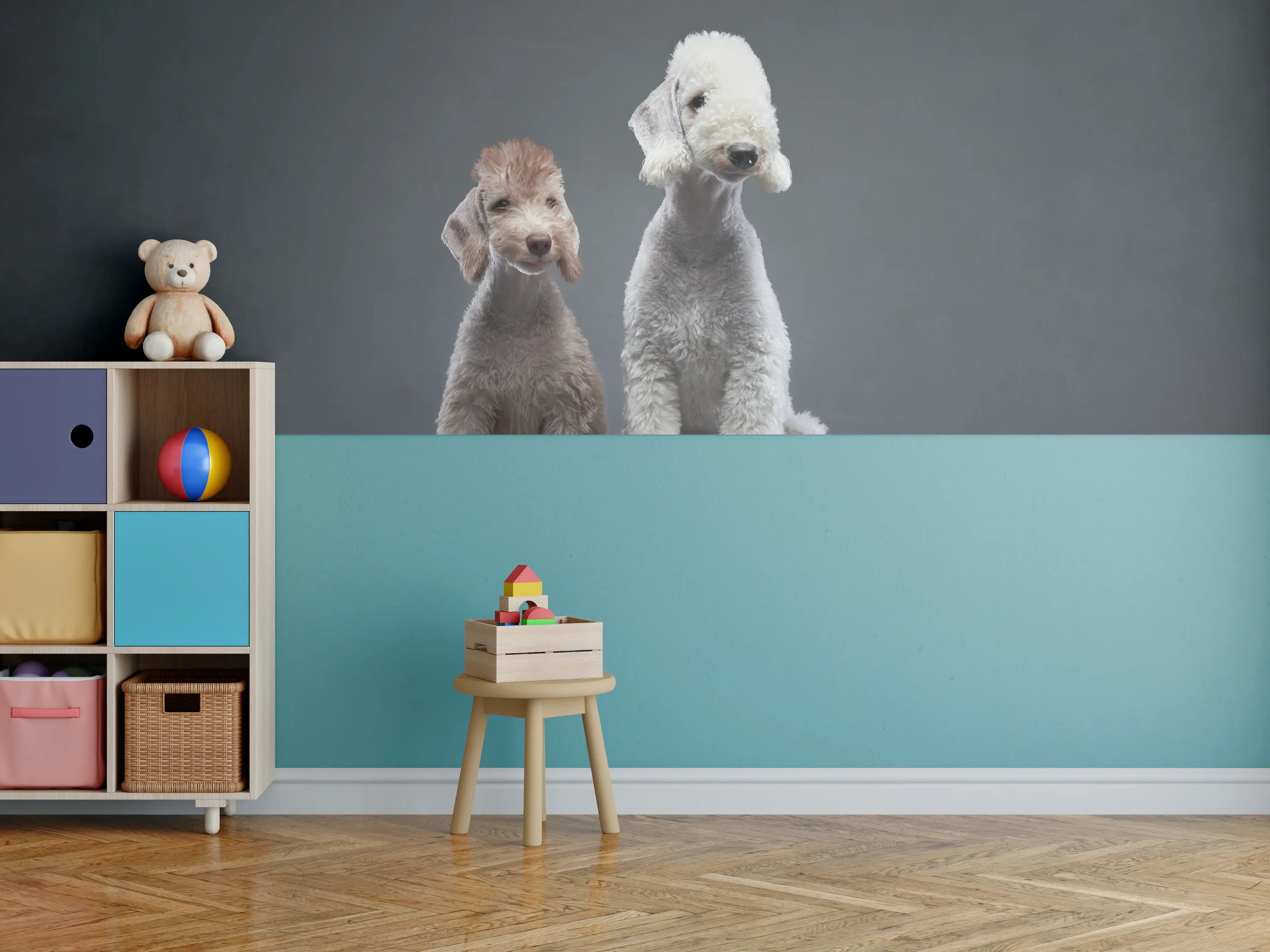 Kinderzimmer Wandgestaltung - Welpe und erwachsener Bedlington Terrier