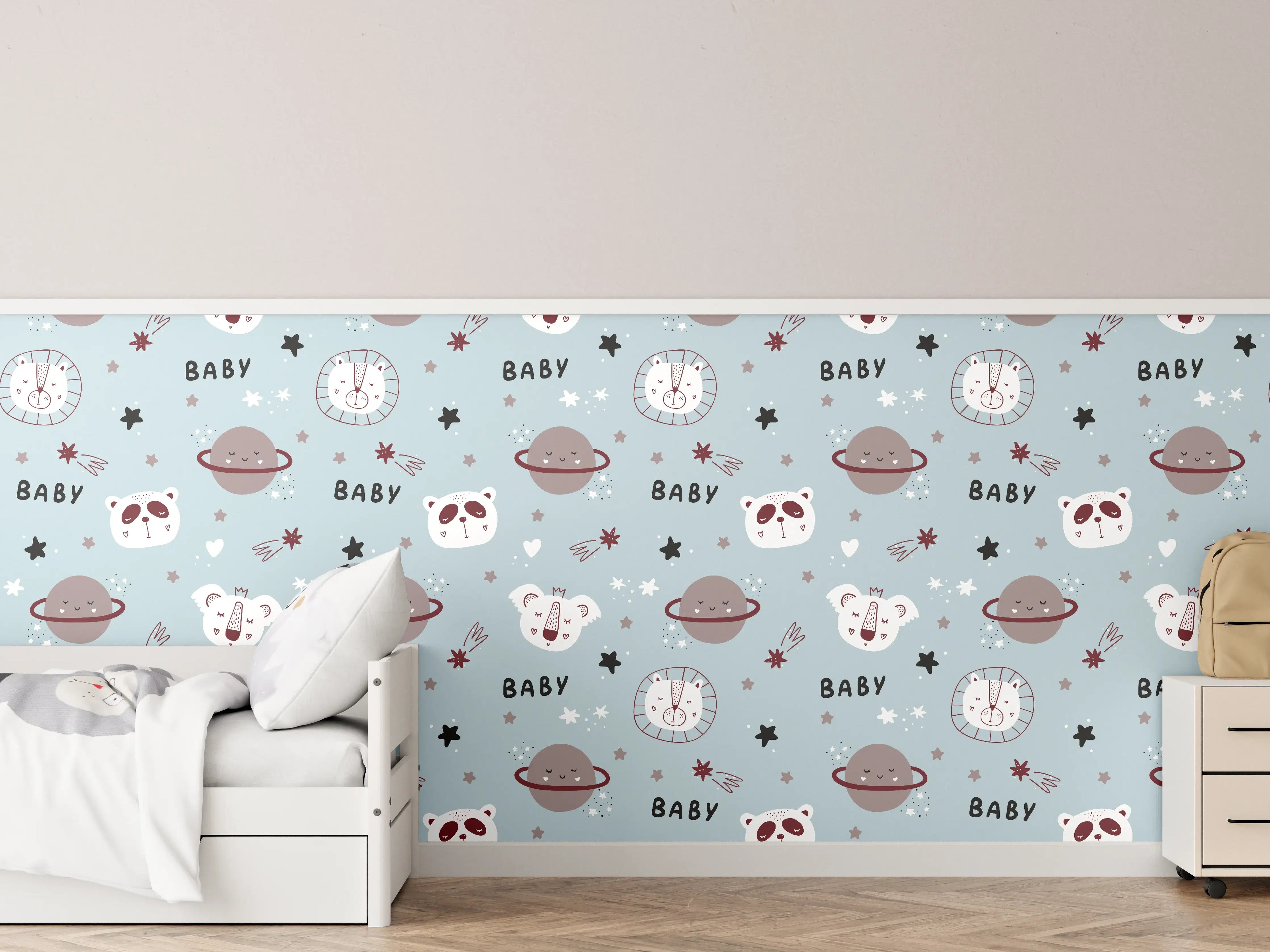 Kinderzimmer Wandgestaltung - Weltall mit Himmelskörpern in Blau und Grau