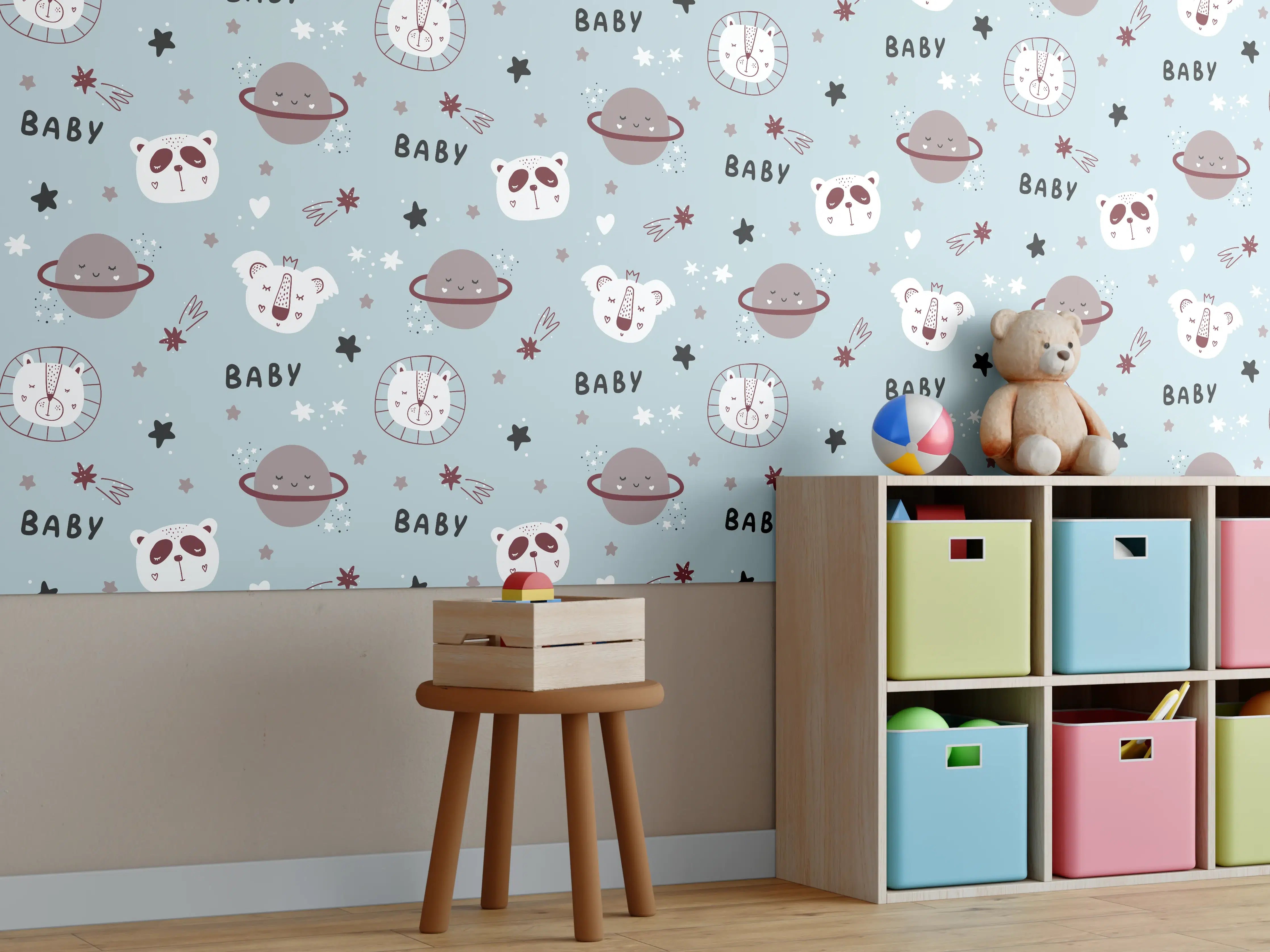 Kinderzimmer Wandgestaltung - Weltall mit Himmelskörpern in Blau und Grau