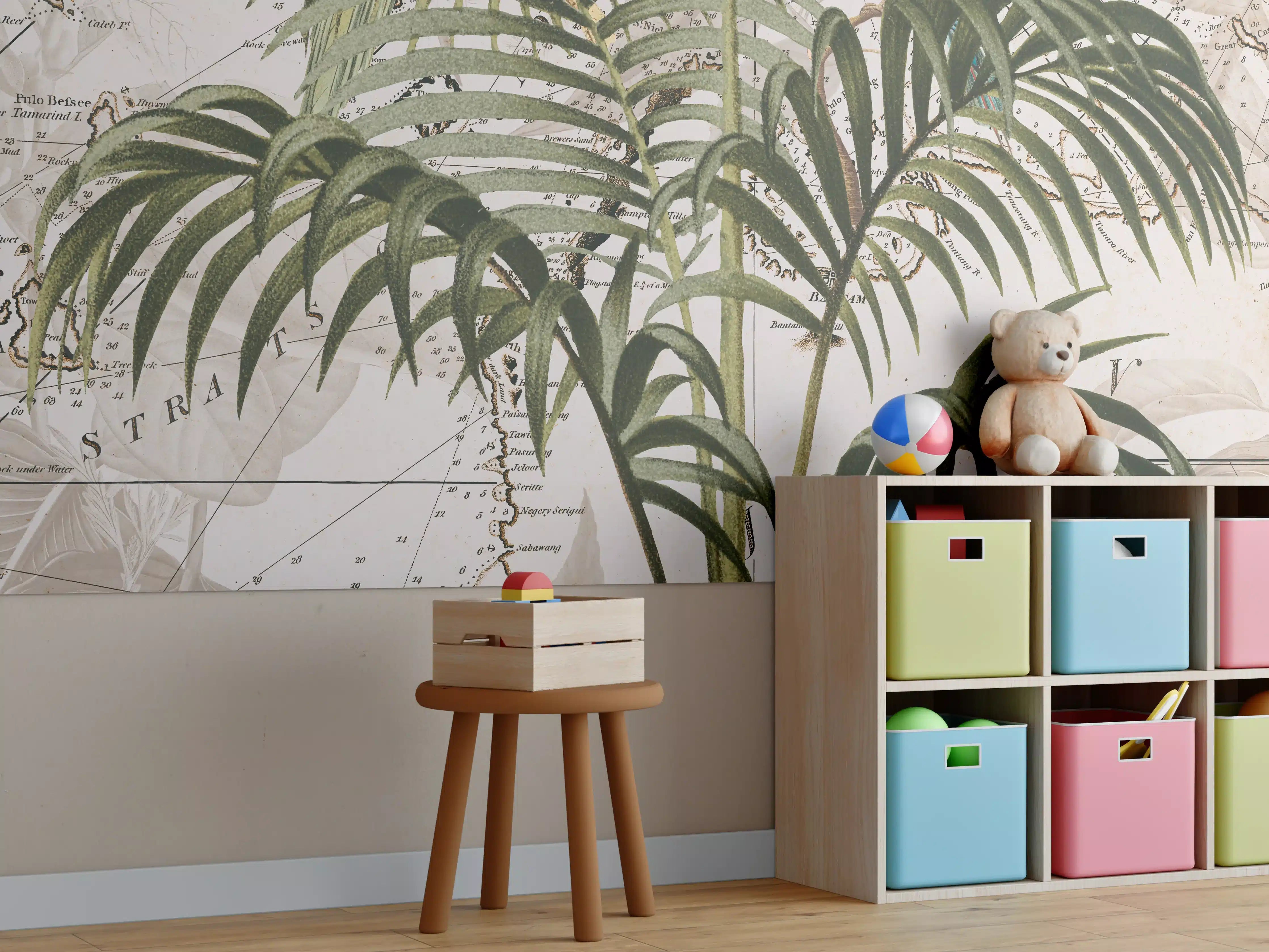 Kinderzimmer Wandgestaltung - Weltkarte - Tropische Pflanze