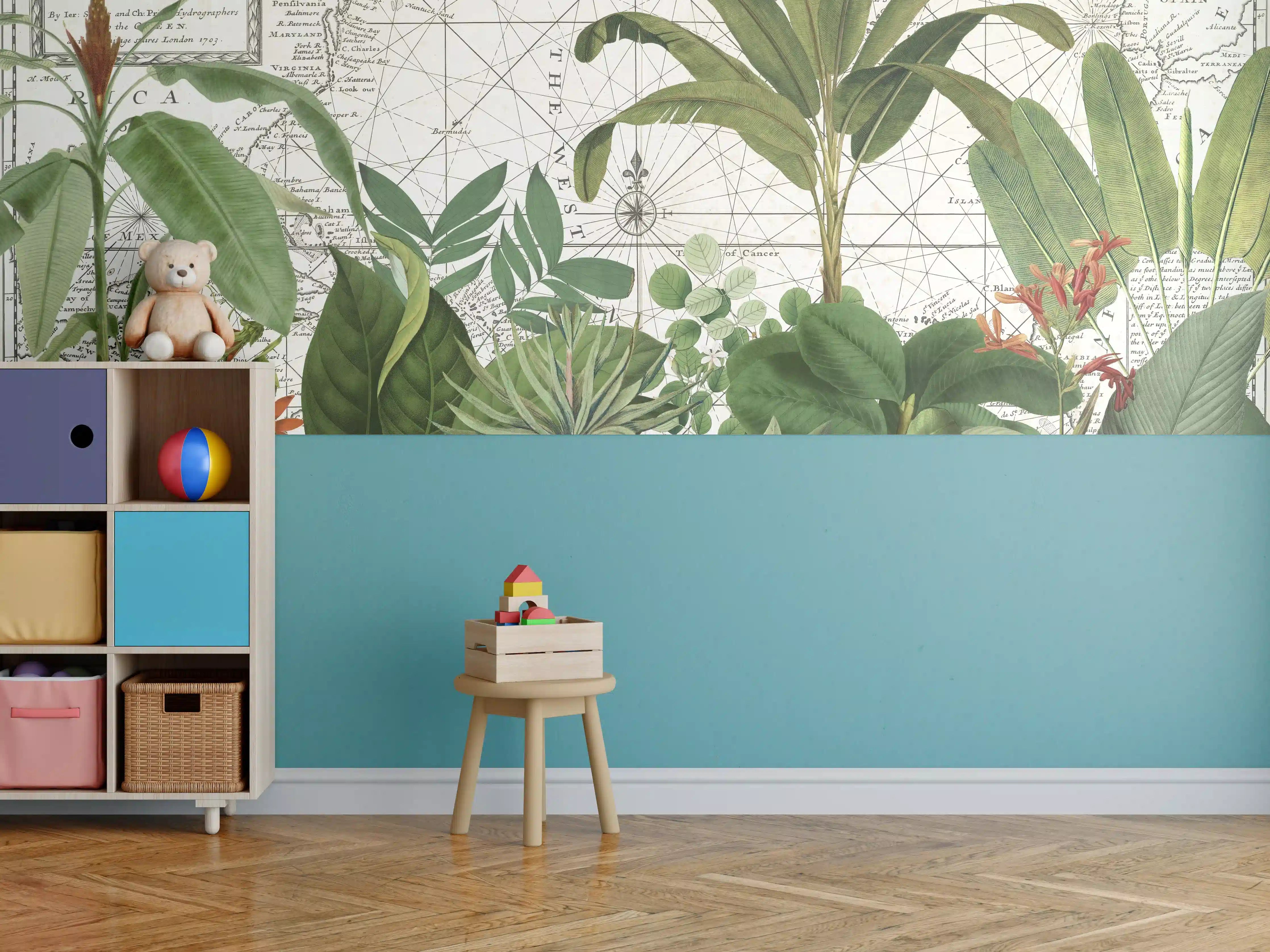 Kinderzimmer Wandgestaltung - Weltkarte mit exotischen Pflanzen