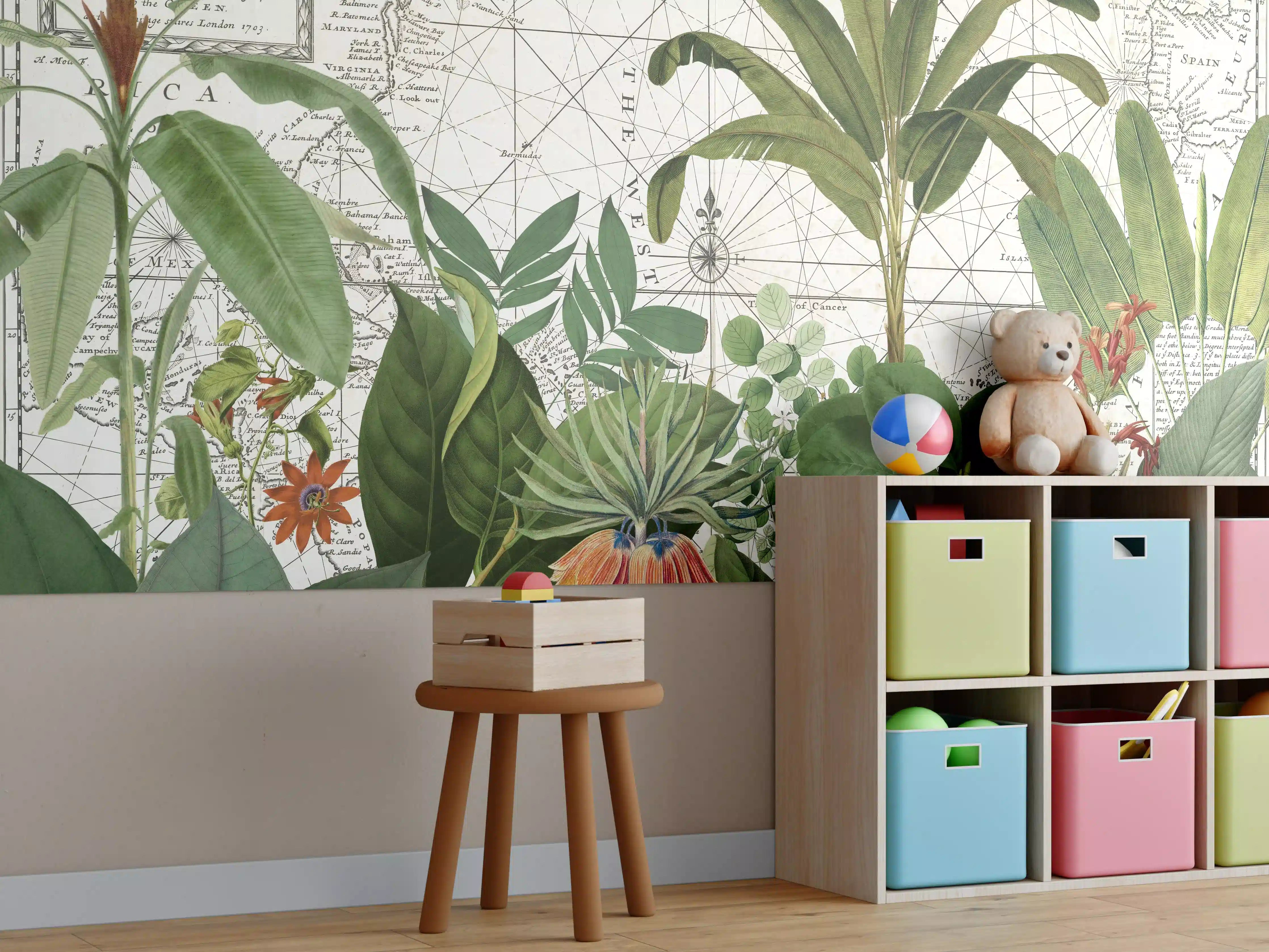 Kinderzimmer Wandgestaltung - Weltkarte mit exotischen Pflanzen