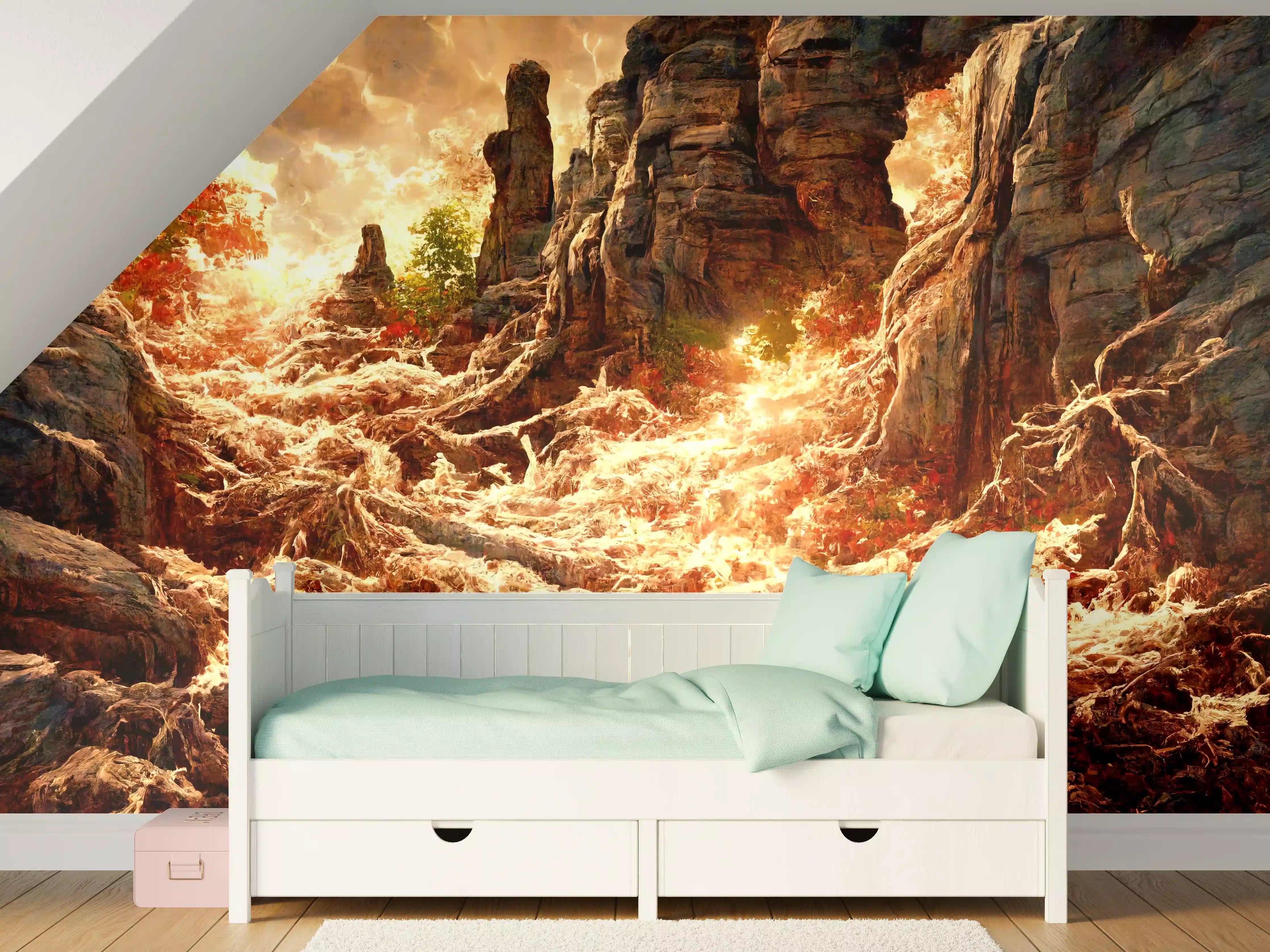 Kinderzimmer Wandgestaltung - Wildwasser im Sonnenuntergang