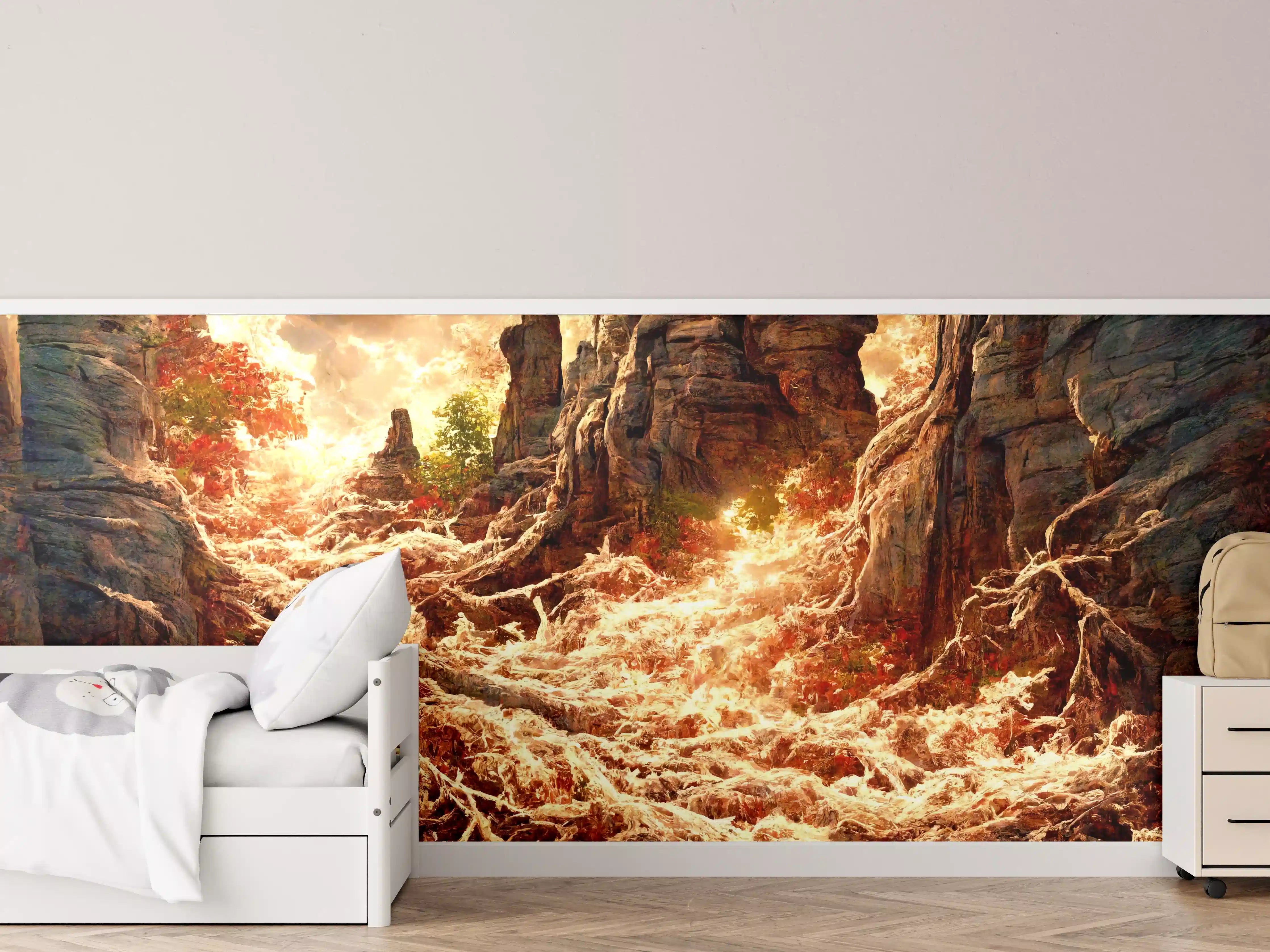 Kinderzimmer Wandgestaltung - Wildwasser im Sonnenuntergang