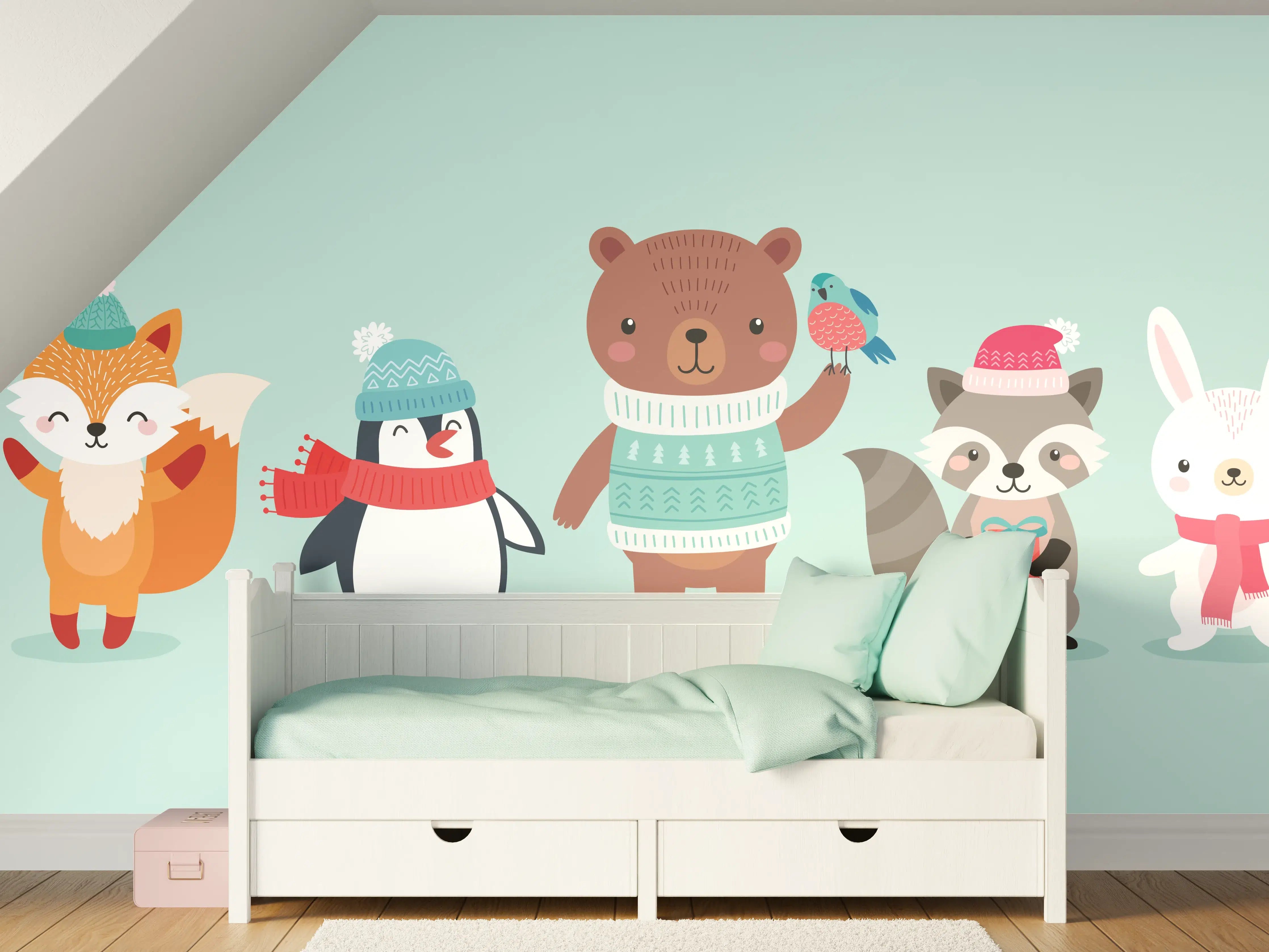 Kinderzimmer Wandgestaltung - Winterliche Tierfreunde Illustration