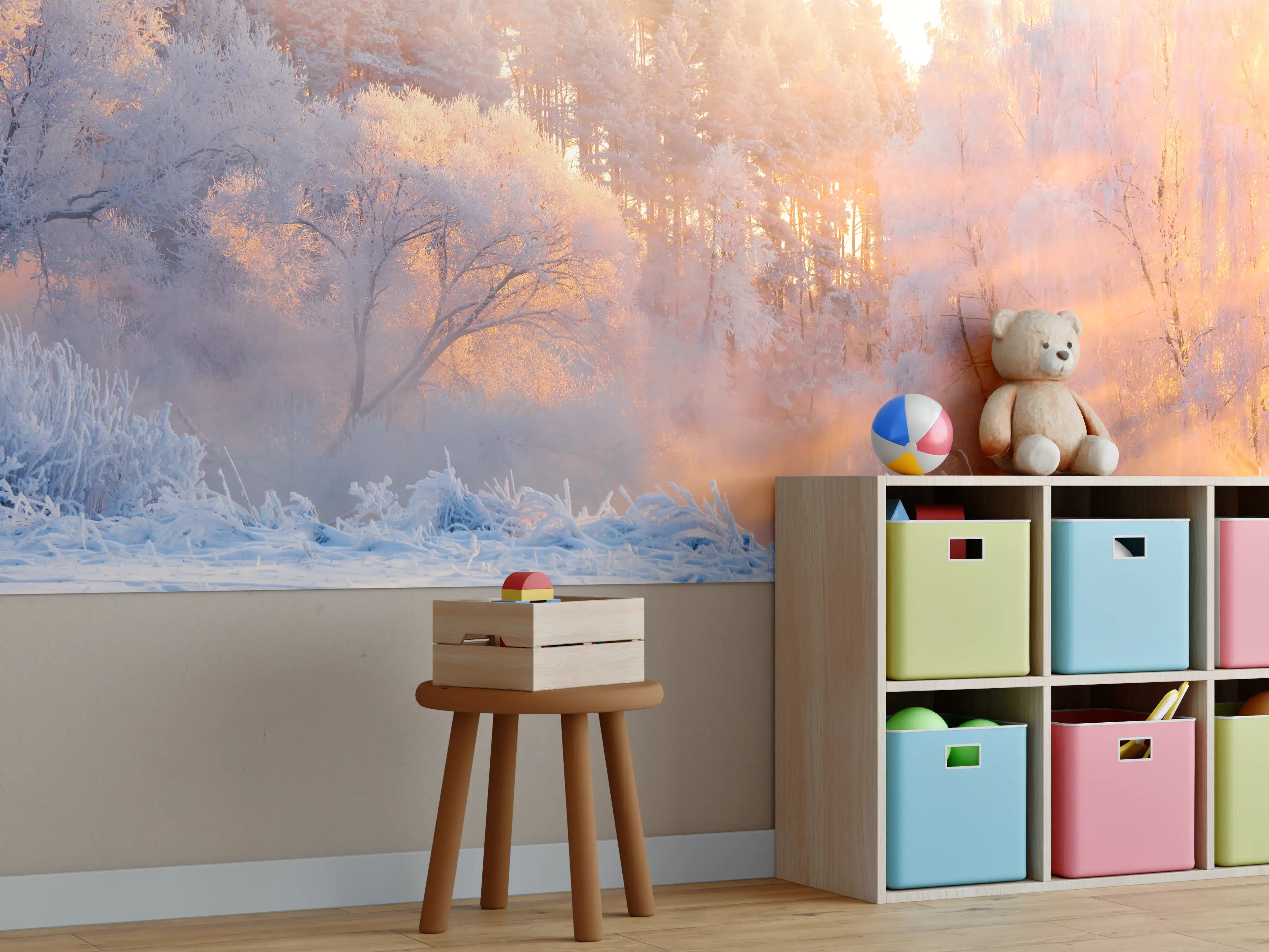 Kinderzimmer Wandgestaltung - Winterliche Waldszene in Morgenstimmung