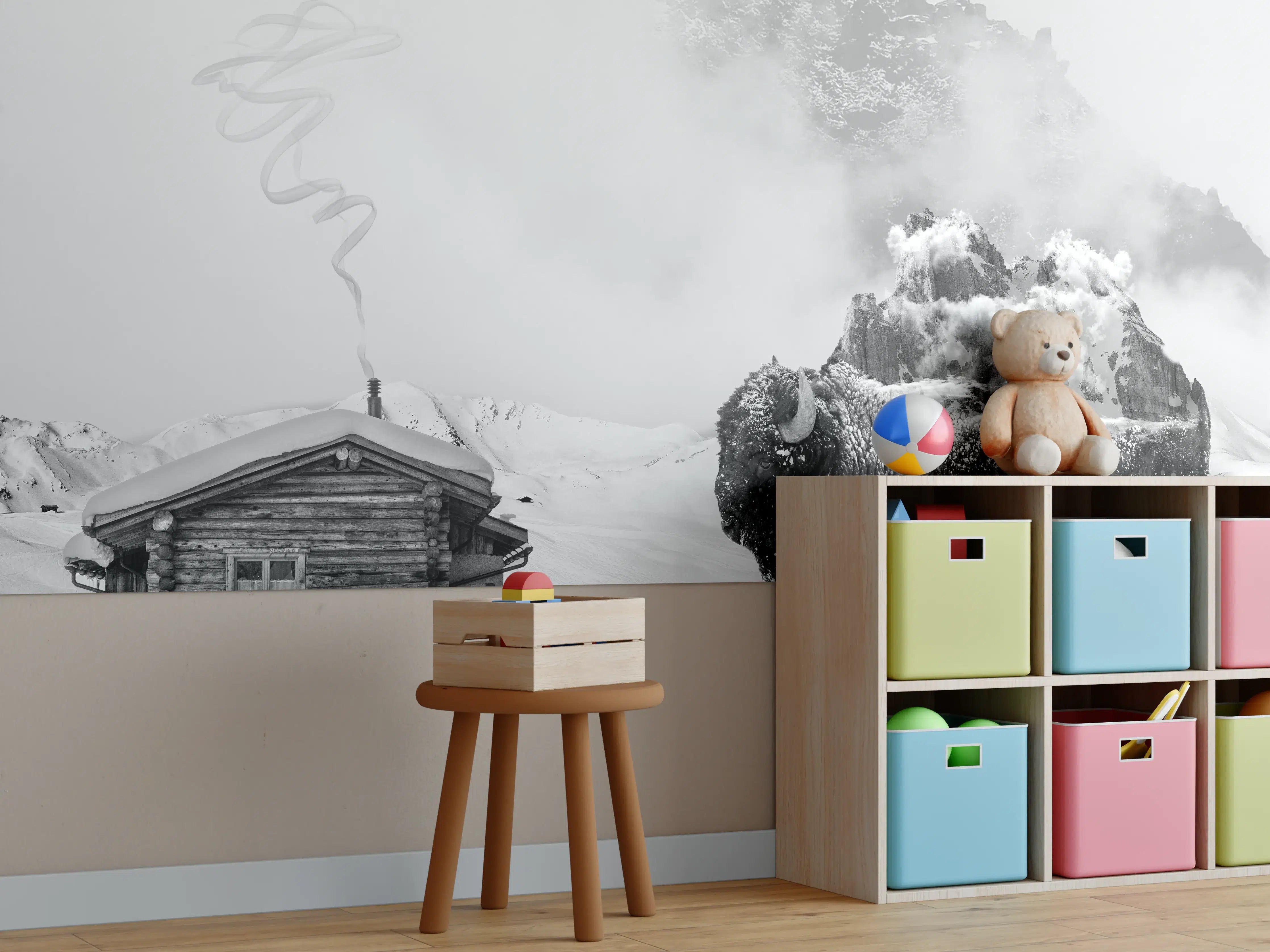 Kinderzimmer Wandgestaltung - Winterlicher Bison in Schwarz-Weiß