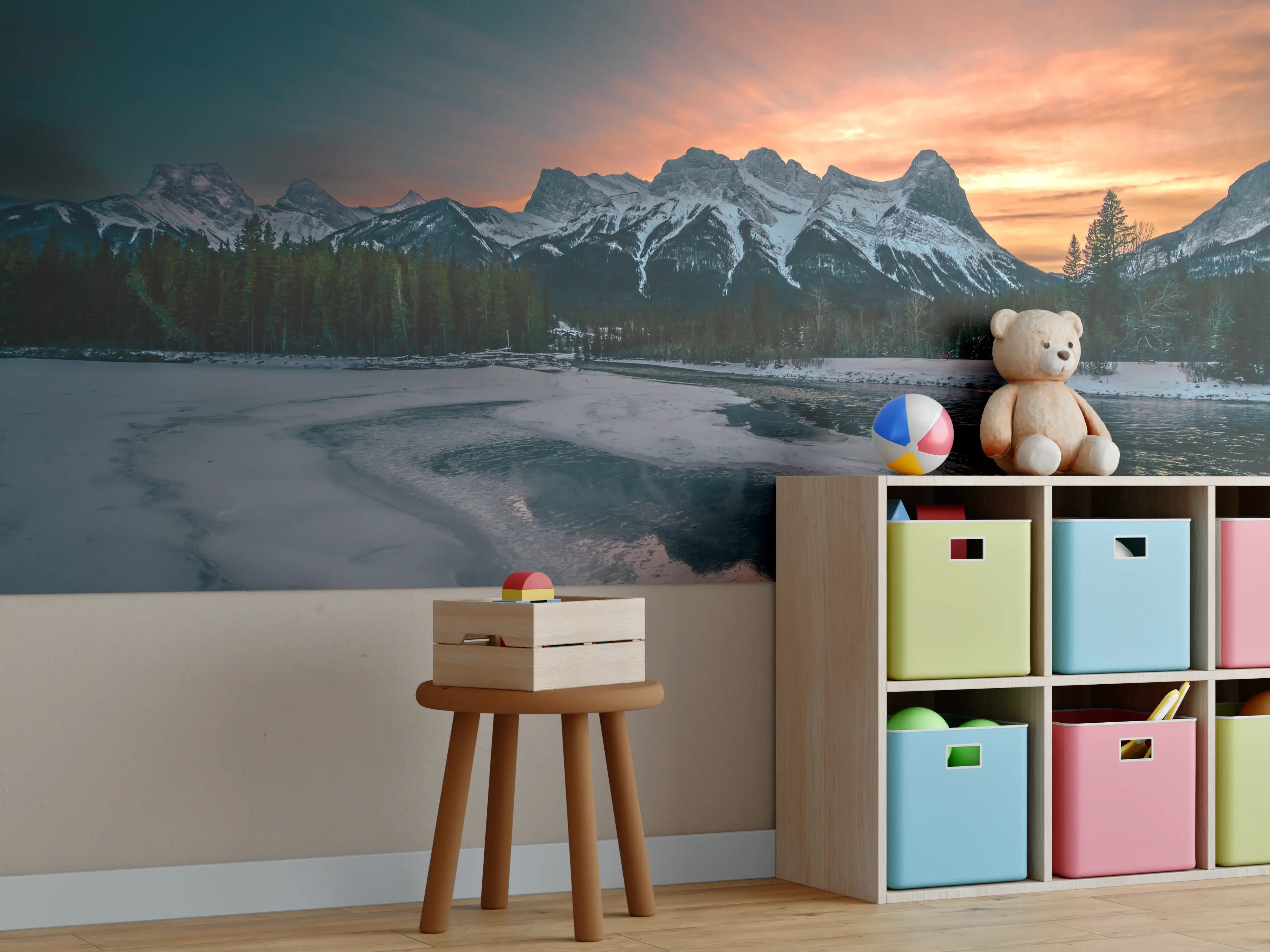 Kinderzimmer Wandgestaltung - Winterlicher Sonnenuntergang Berge