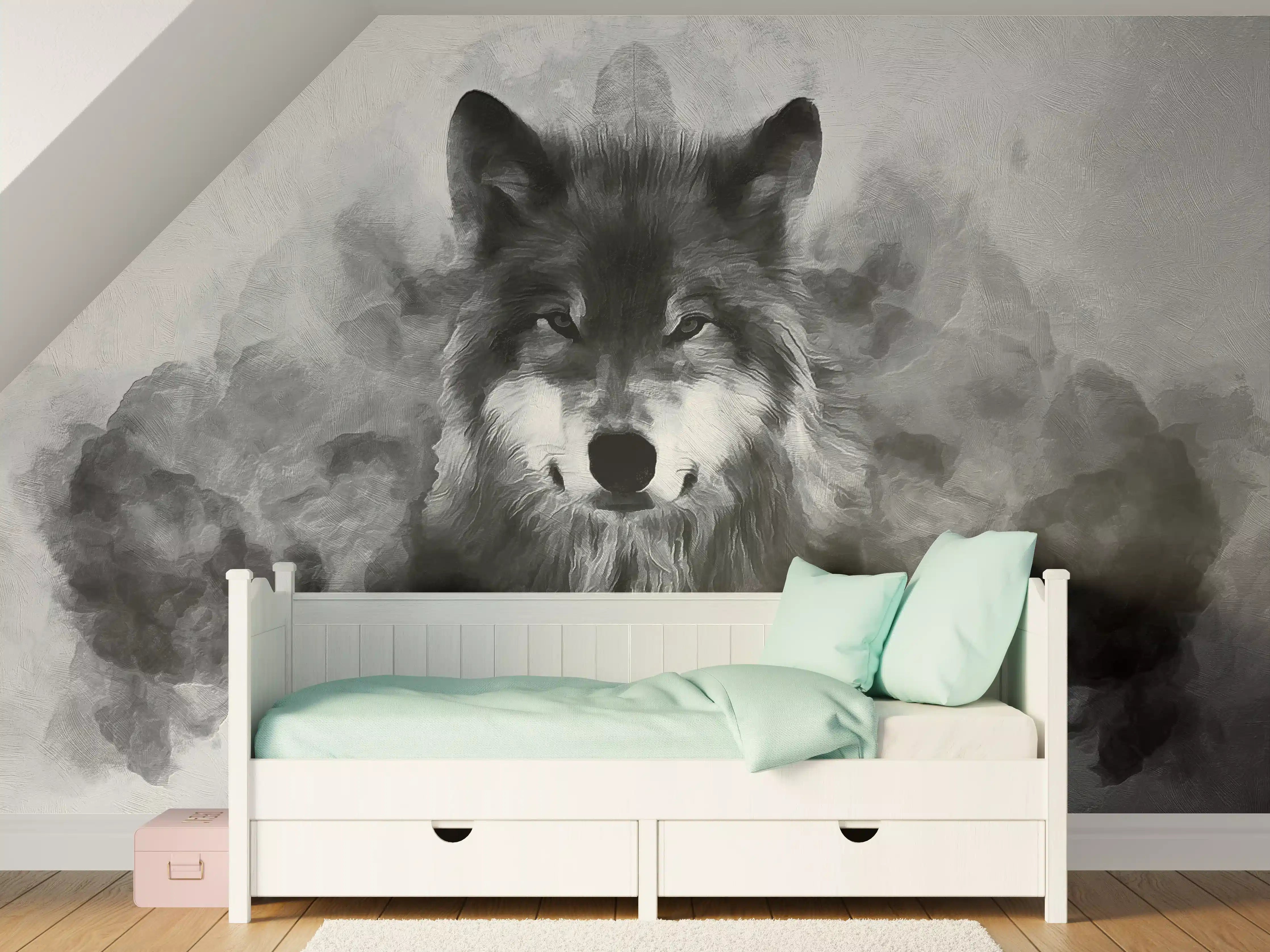 Kinderzimmer Wandgestaltung - Wolkiges Wolfporträt in Schwarzweiß