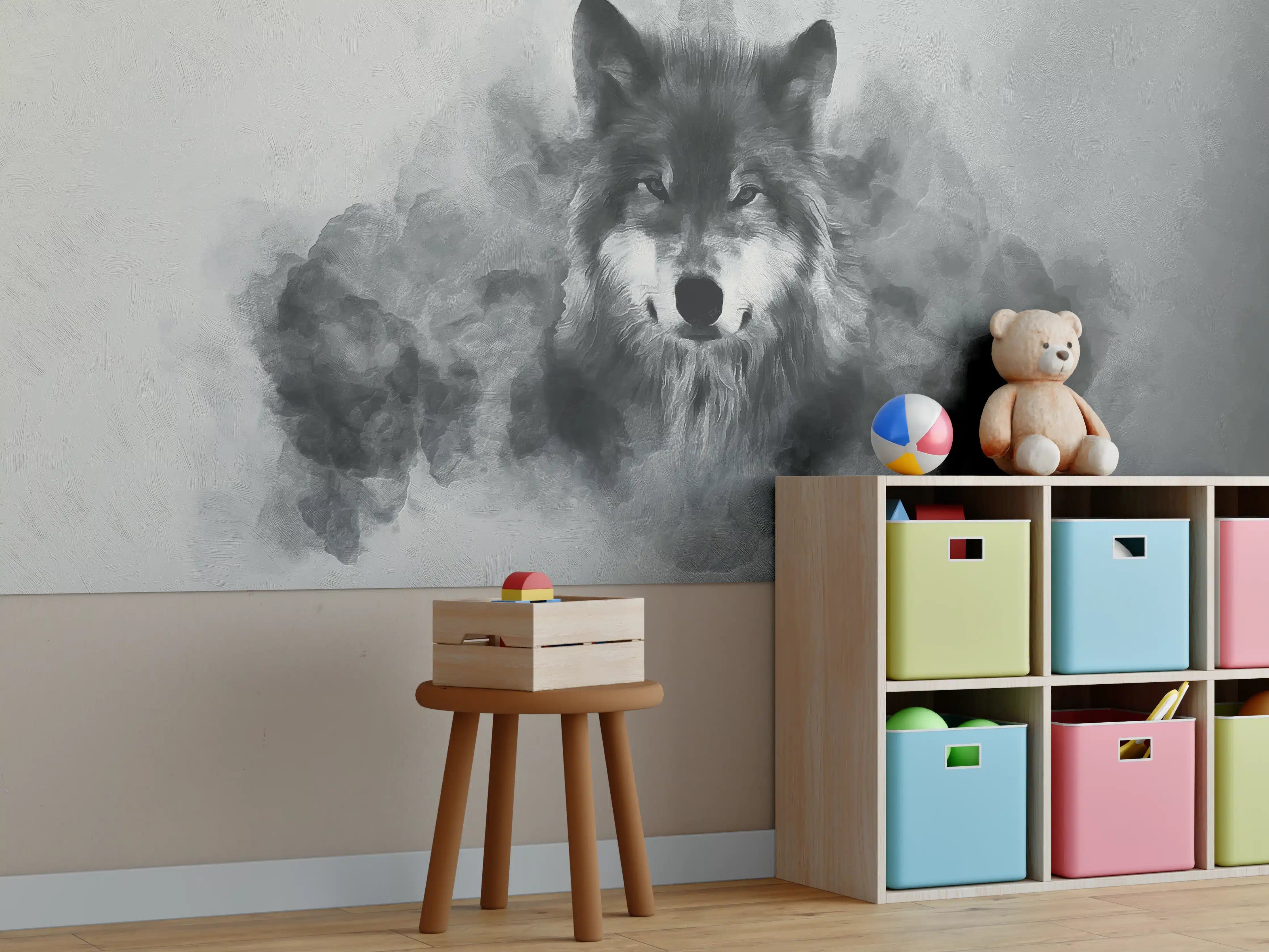 Kinderzimmer Wandgestaltung - Wolkiges Wolfporträt in Schwarzweiß