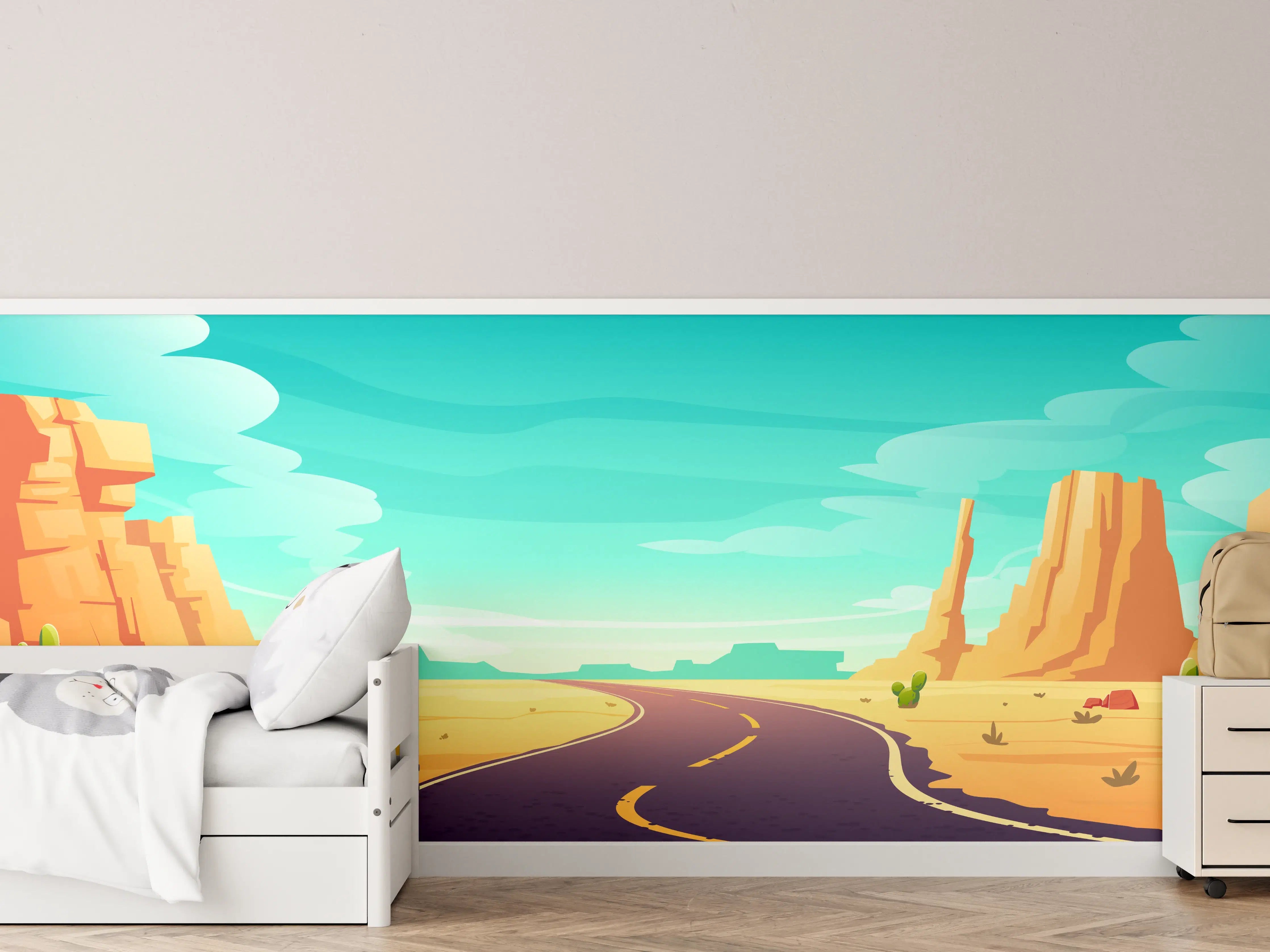 Kinderzimmer Wandgestaltung - Wüstenstraße mit Canyons und Kakteen