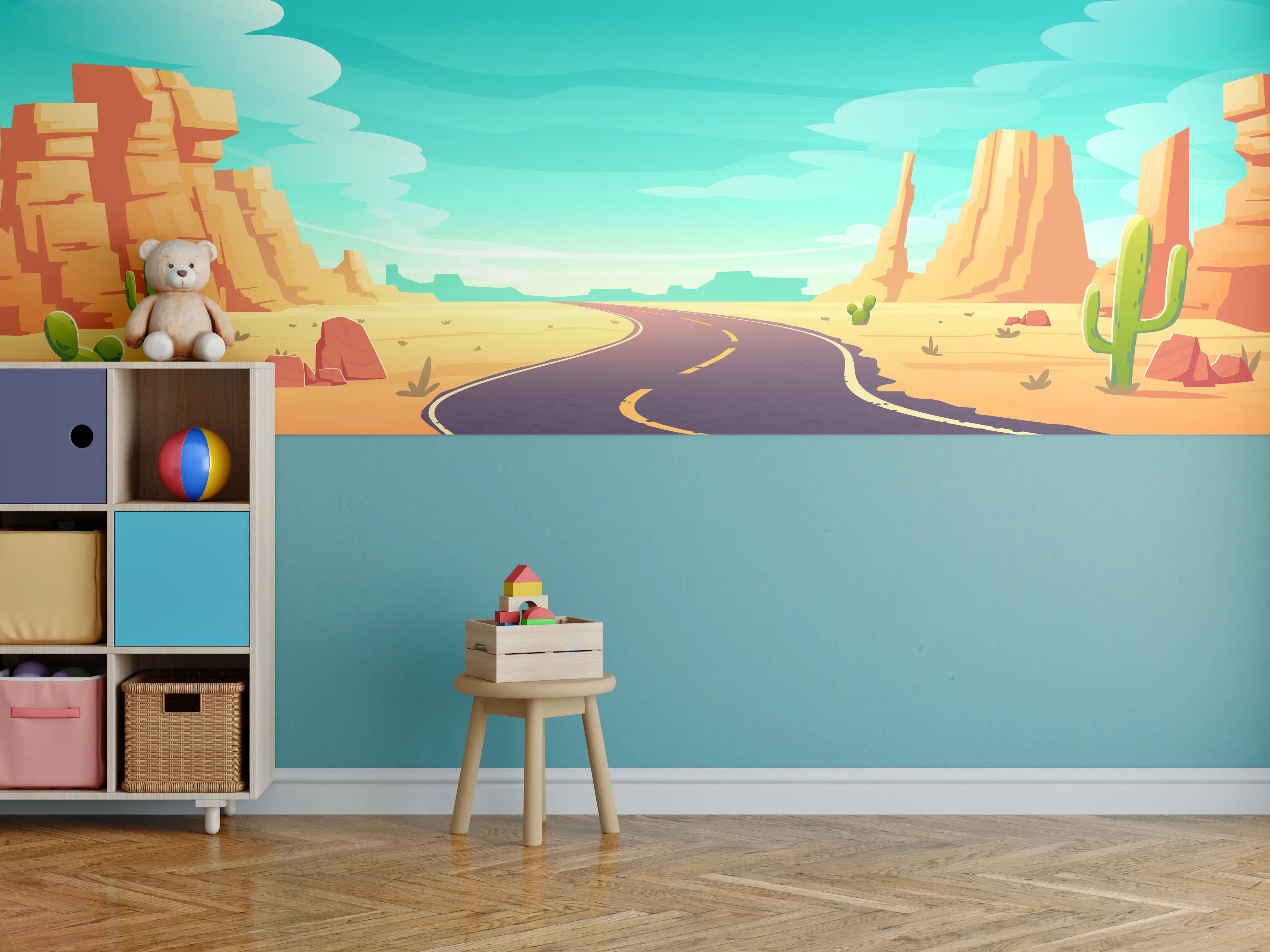 Kinderzimmer Wandgestaltung - Wüstenstraße mit Canyons und Kakteen