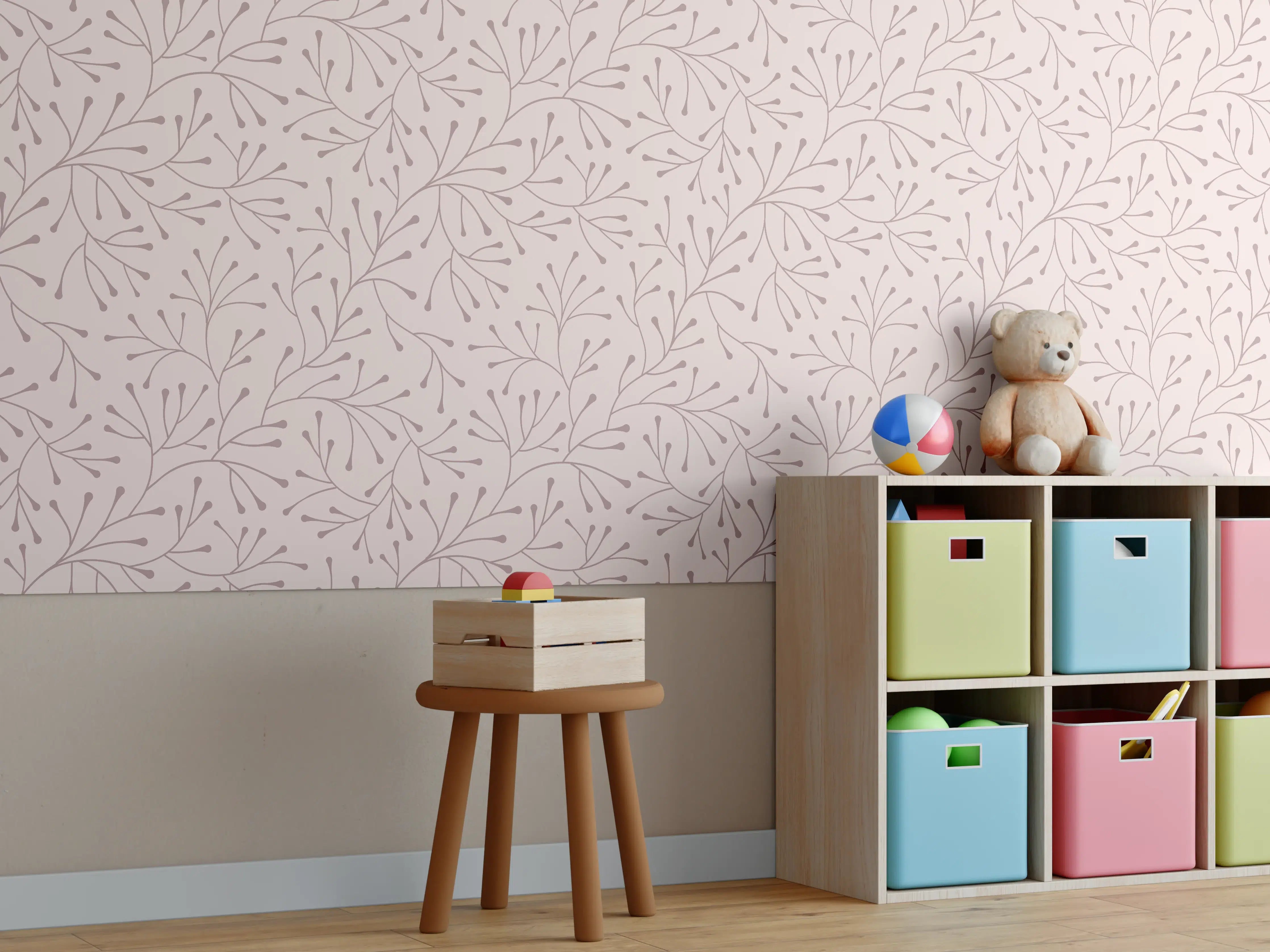 Kinderzimmer Wandgestaltung - Zarte Beigetöne mit filigraner Linienführung
