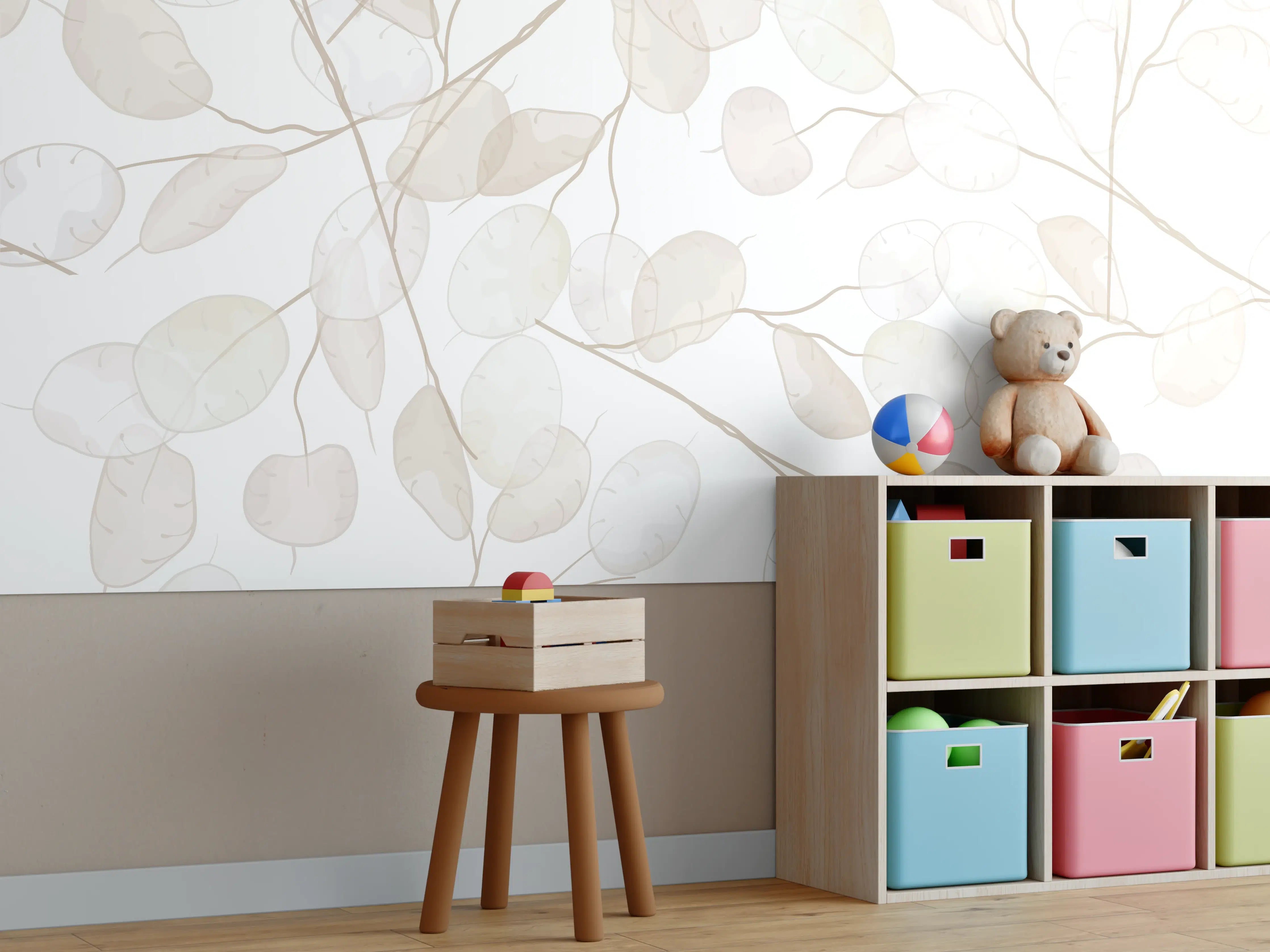 Kinderzimmer Wandgestaltung - Zarte Blätter im sanften Beige-Ton