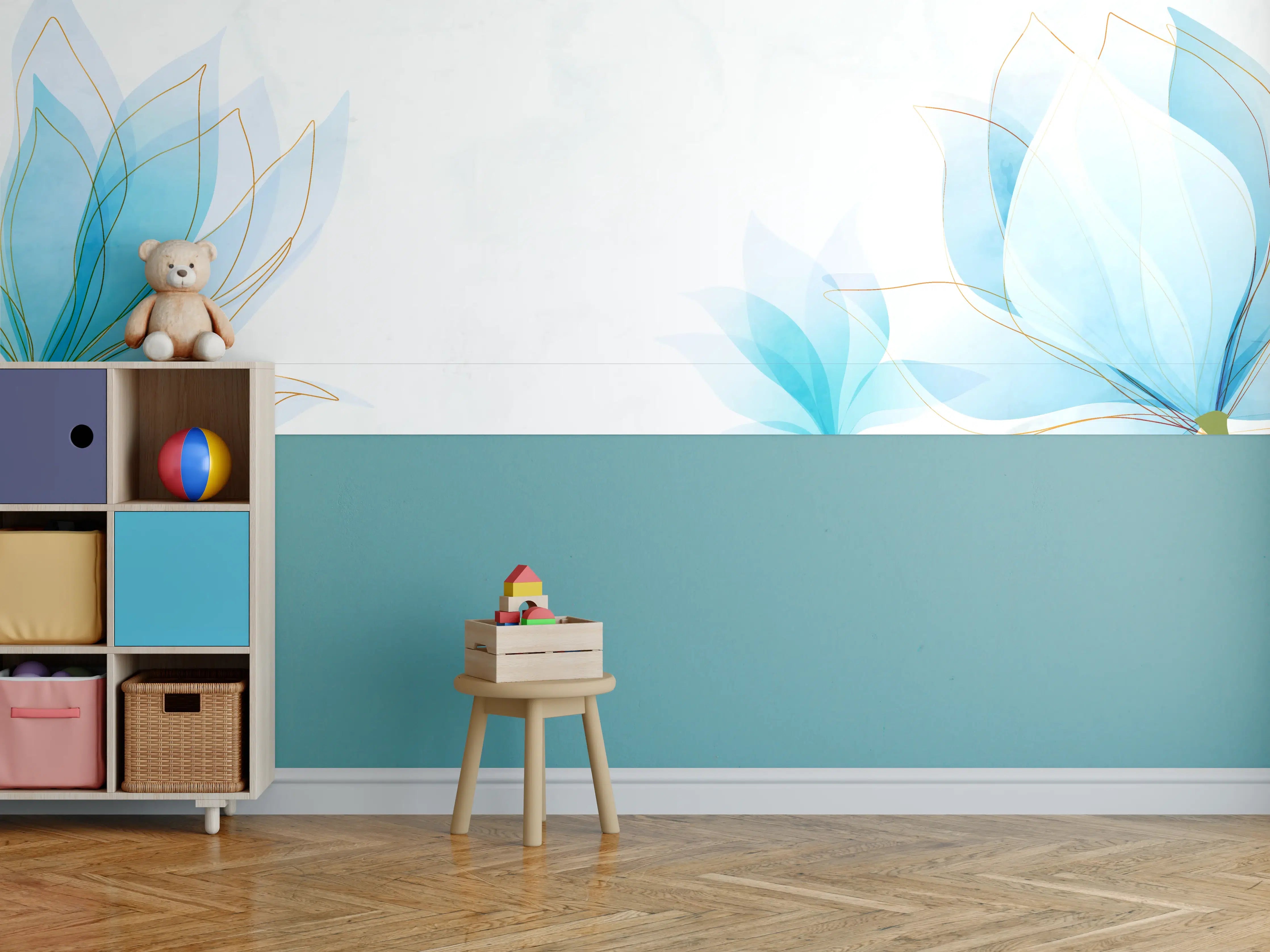Kinderzimmer Wandgestaltung - Zarte Blaue Blumen Illustration