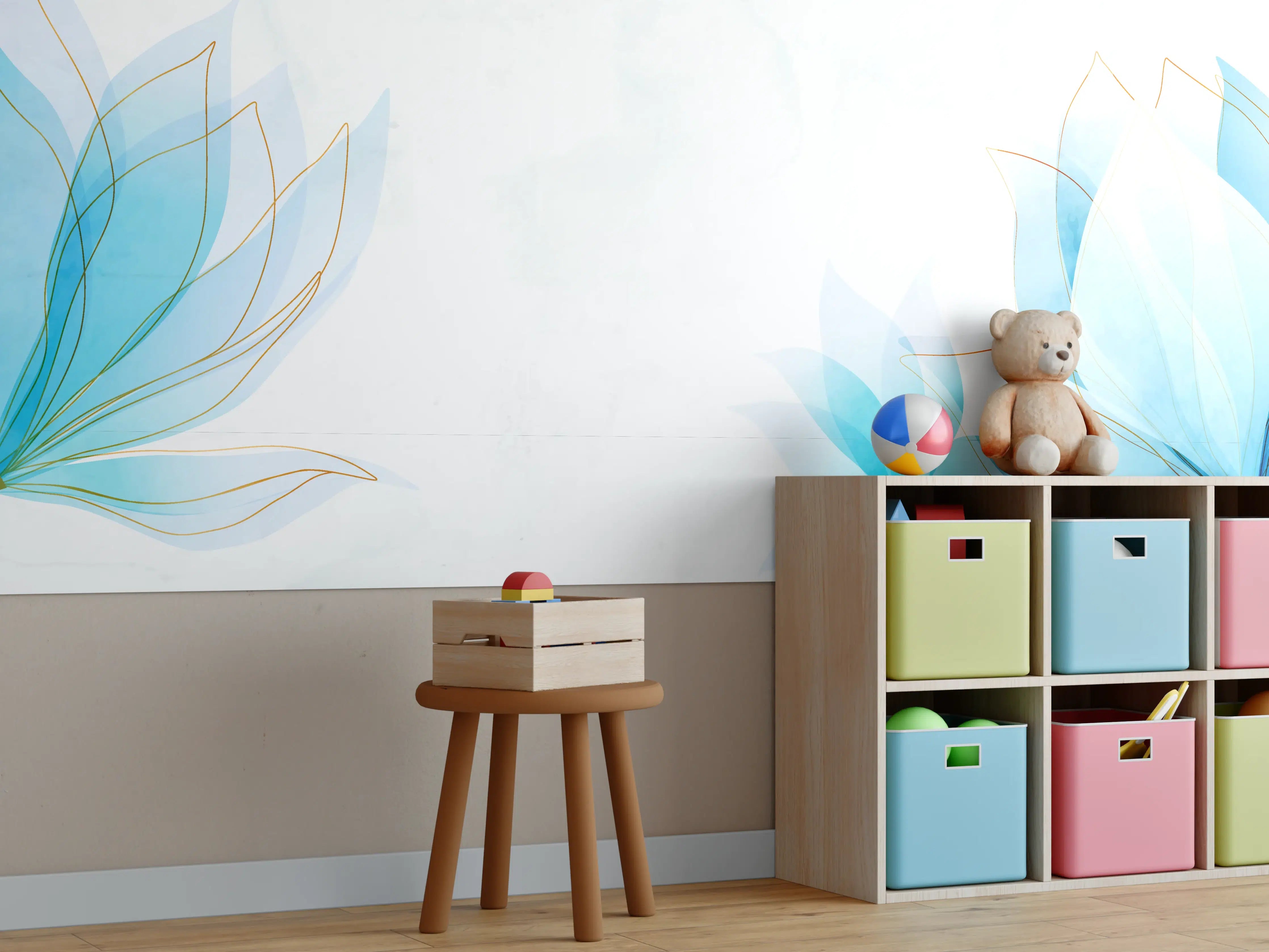 Kinderzimmer Wandgestaltung - Zarte Blaue Blumen Illustration