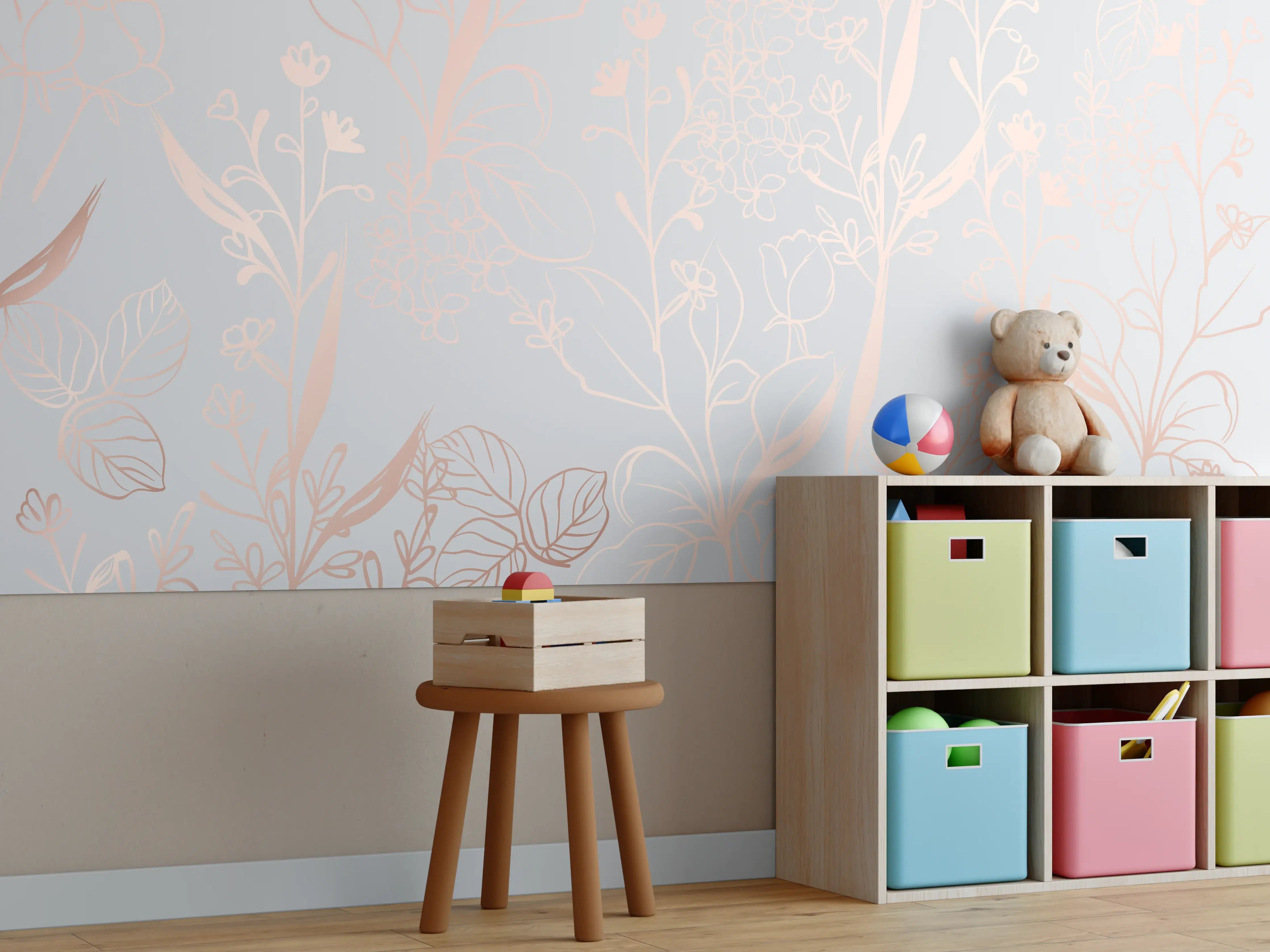 Kinderzimmer Wandgestaltung - Zarte Blütenillustration Beige-Rosa
