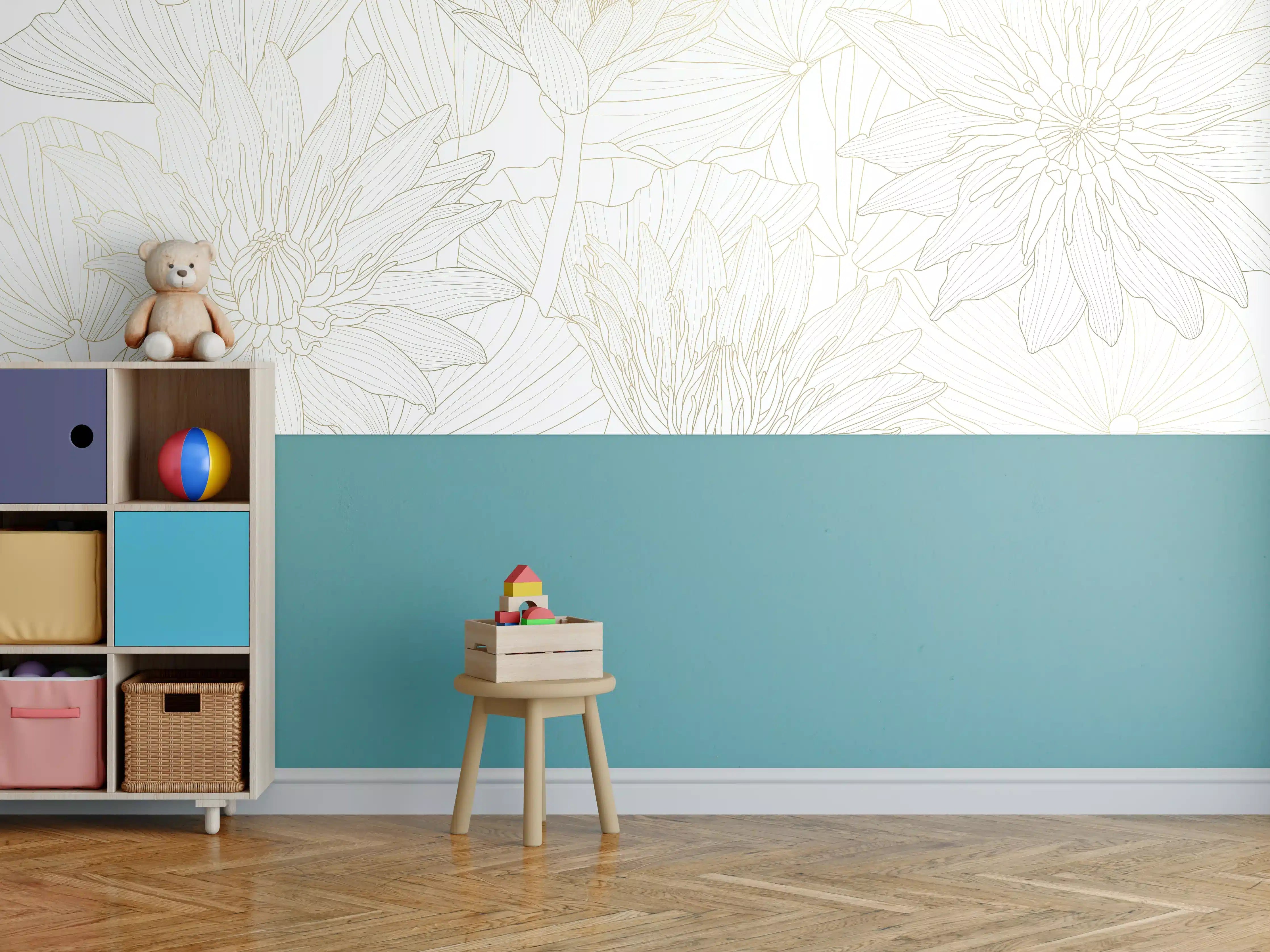 Kinderzimmer Wandgestaltung - Zarte Blumenlinie in Creme und Beige