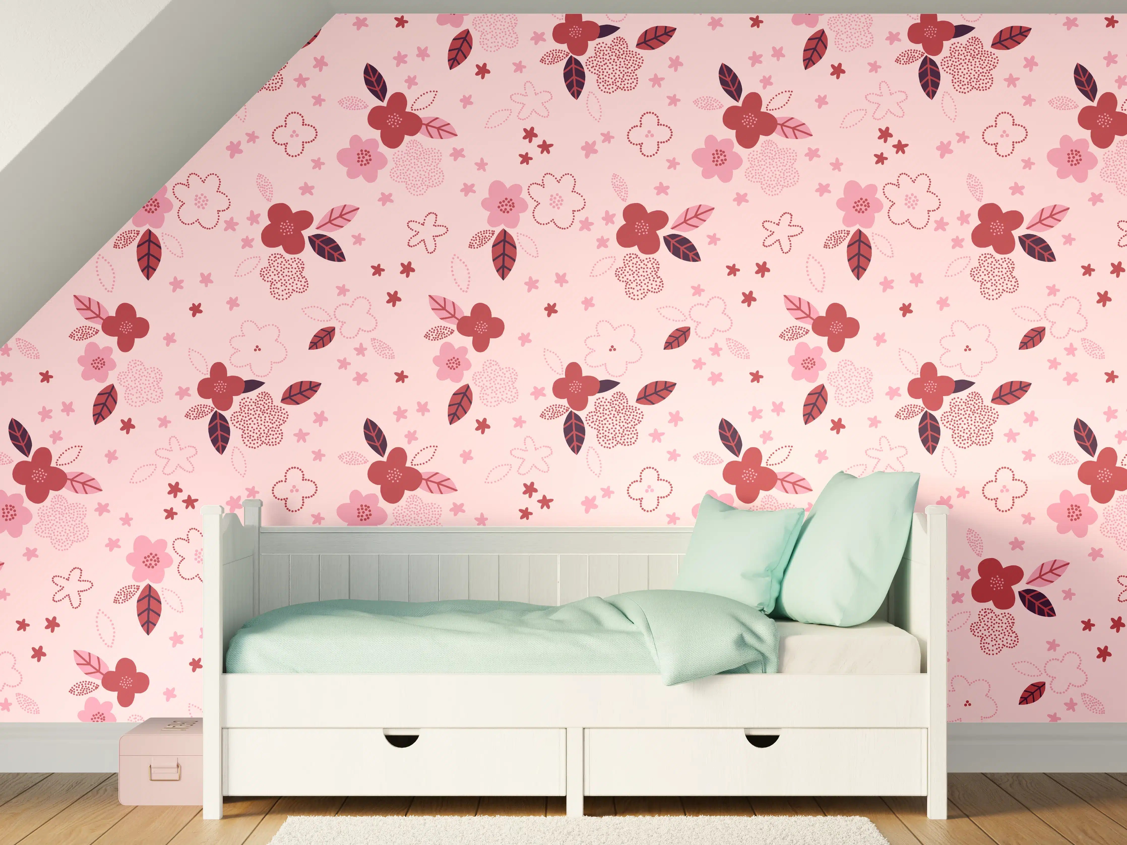 Kinderzimmer Wandgestaltung - Zarte Blumenmuster in Pink und Braun