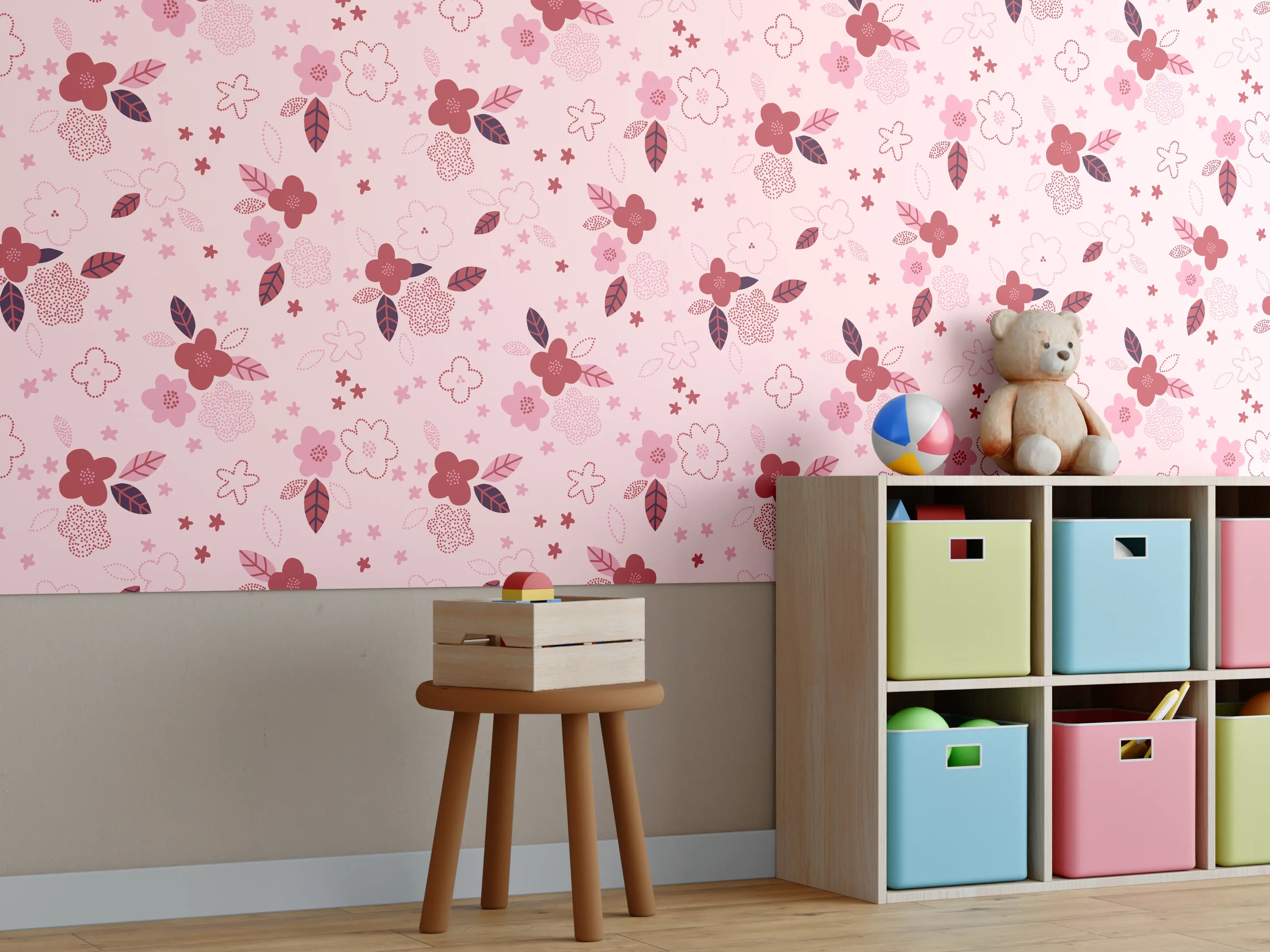 Kinderzimmer Wandgestaltung - Zarte Blumenmuster in Pink und Braun