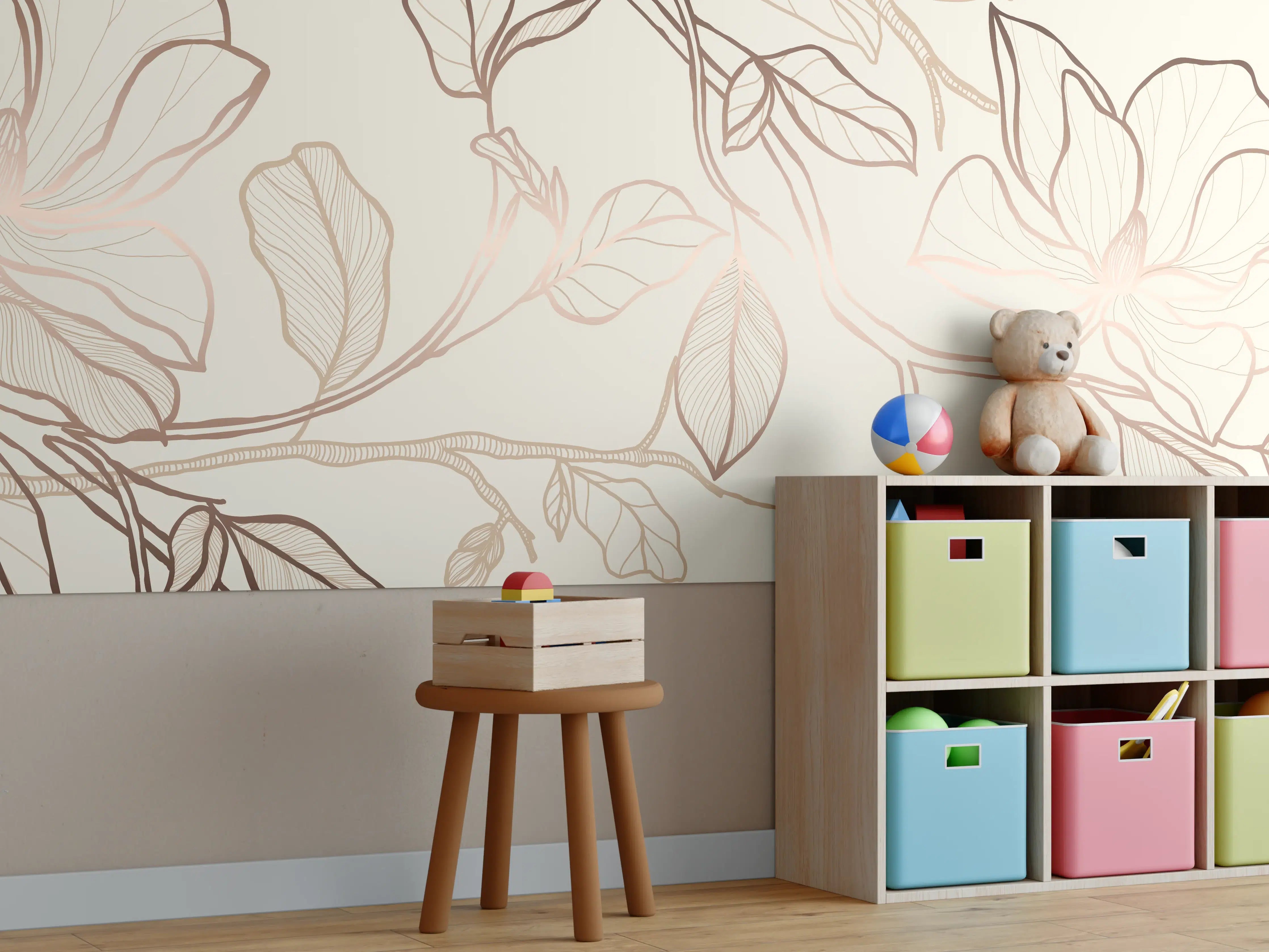 Kinderzimmer Wandgestaltung - Zarte Blumenzeichnung Beige