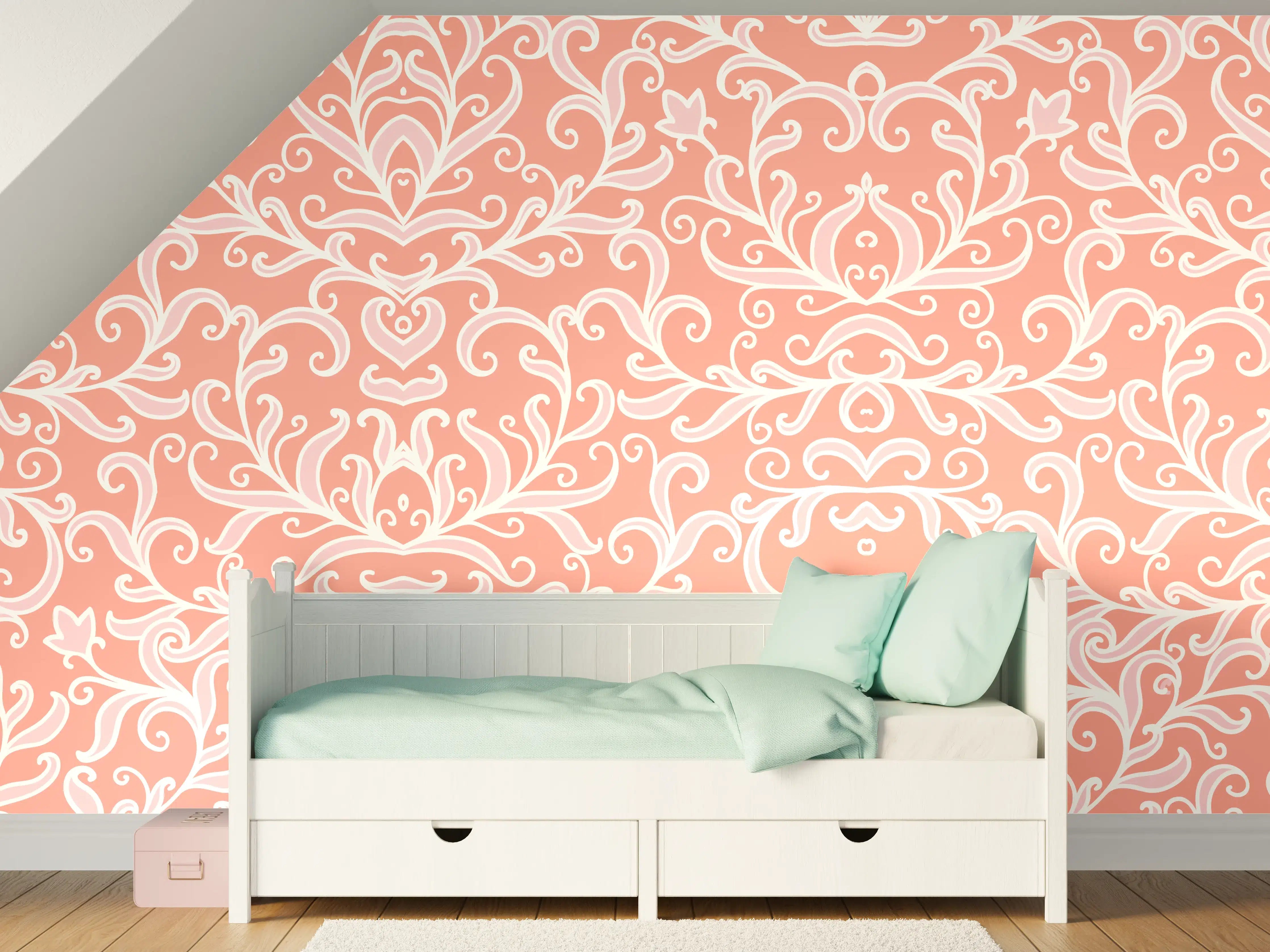 Kinderzimmer Wandgestaltung - Zarte Coral Farbe mit eleganter Ornamentik