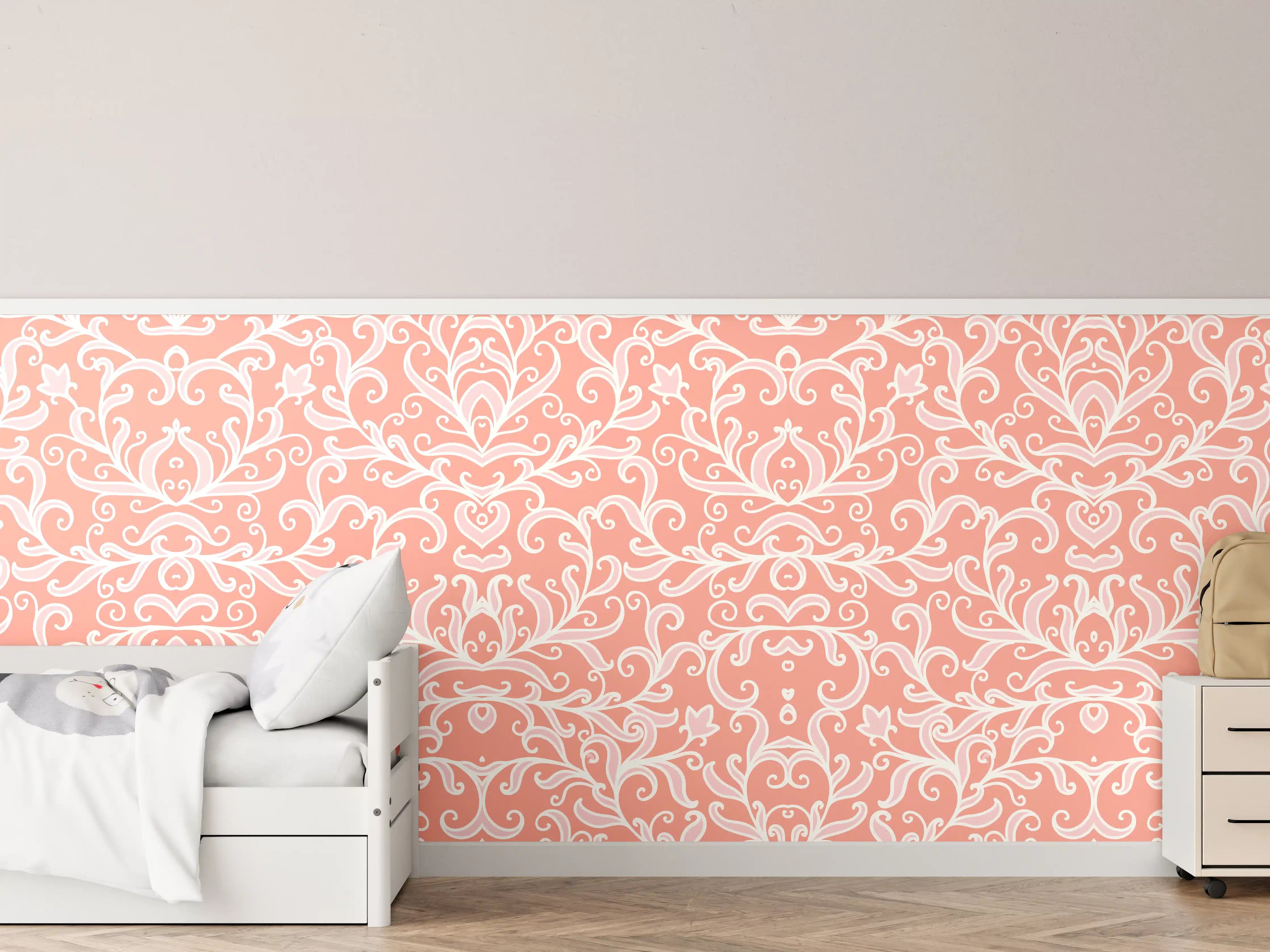 Kinderzimmer Wandgestaltung - Zarte Coral Farbe mit eleganter Ornamentik