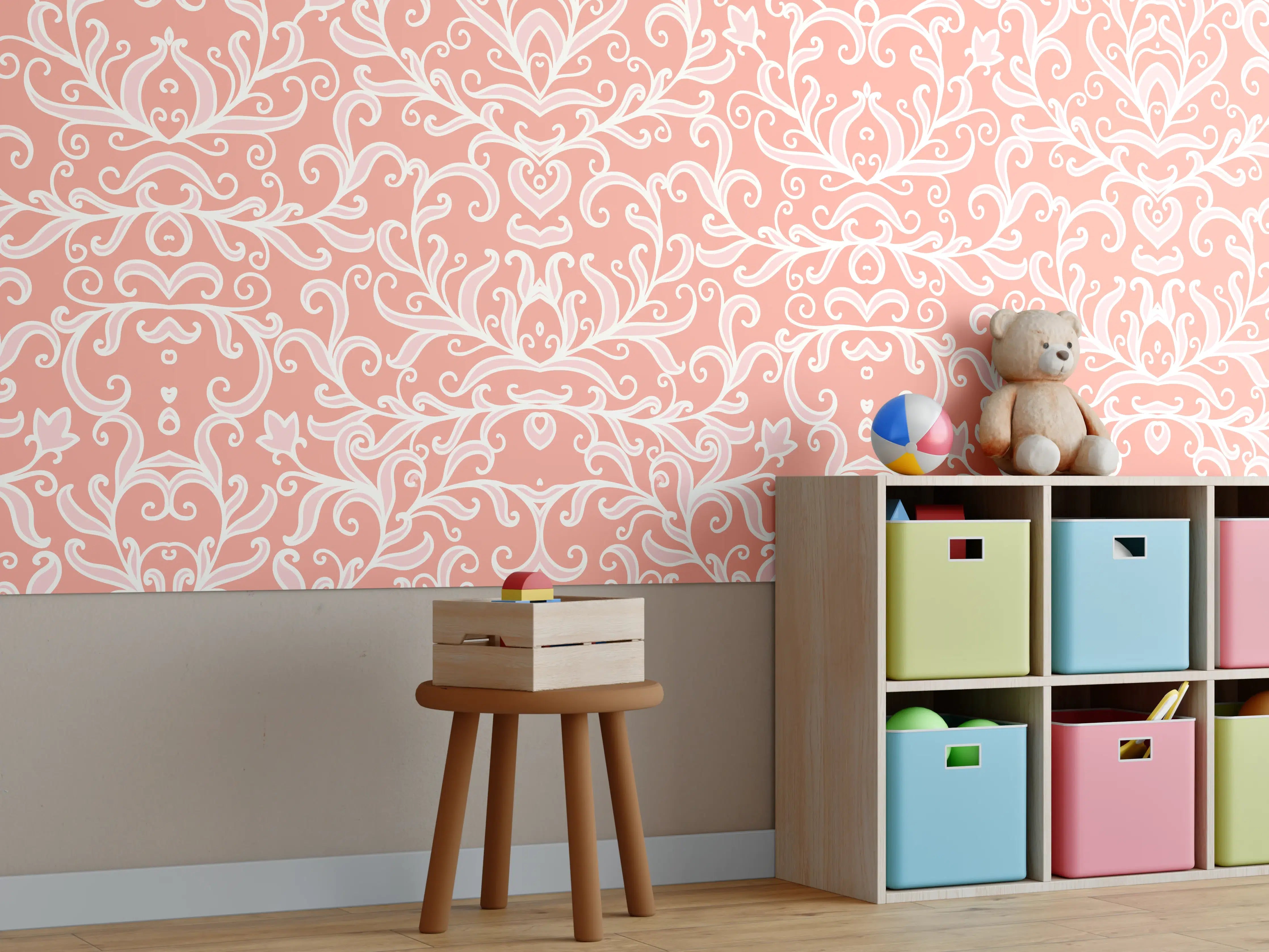 Kinderzimmer Wandgestaltung - Zarte Coral Farbe mit eleganter Ornamentik